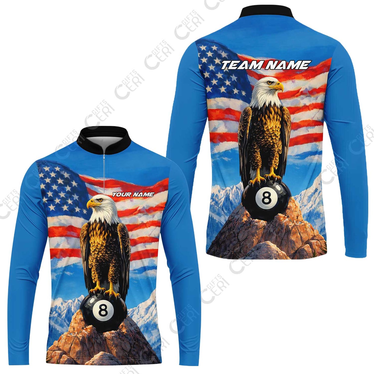 Customized Billiards Stand Collar Quarter-Zip Long Sleeve Jersey, Personalized American Flag With Eagle 8 Ball Jersey Gift For Billiard Players