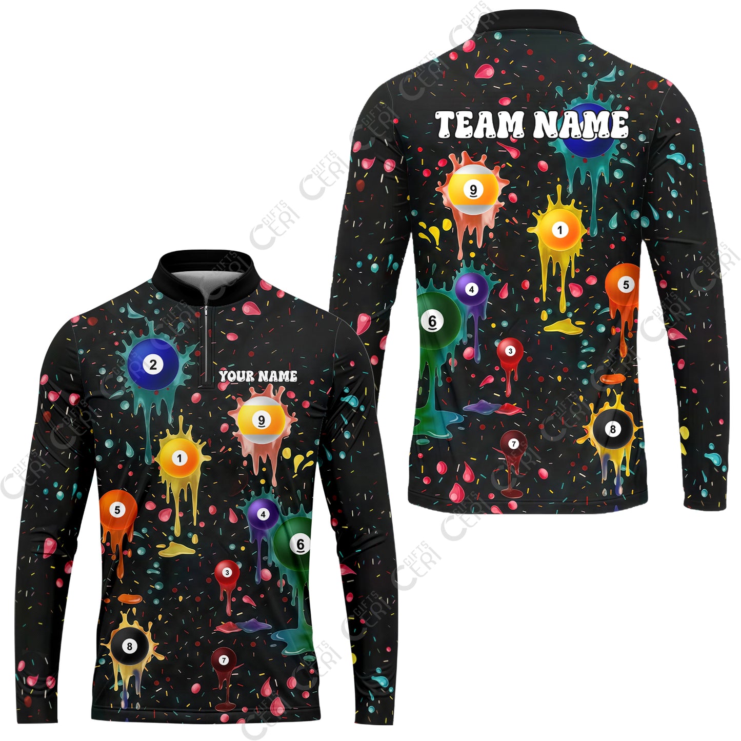 Customized 9 Ball Pool Stand Collar Quarter-Zip Long Sleeve Jersey, Billiards 9-Ball Colorful Paint-Splash, Billiards Jerseys