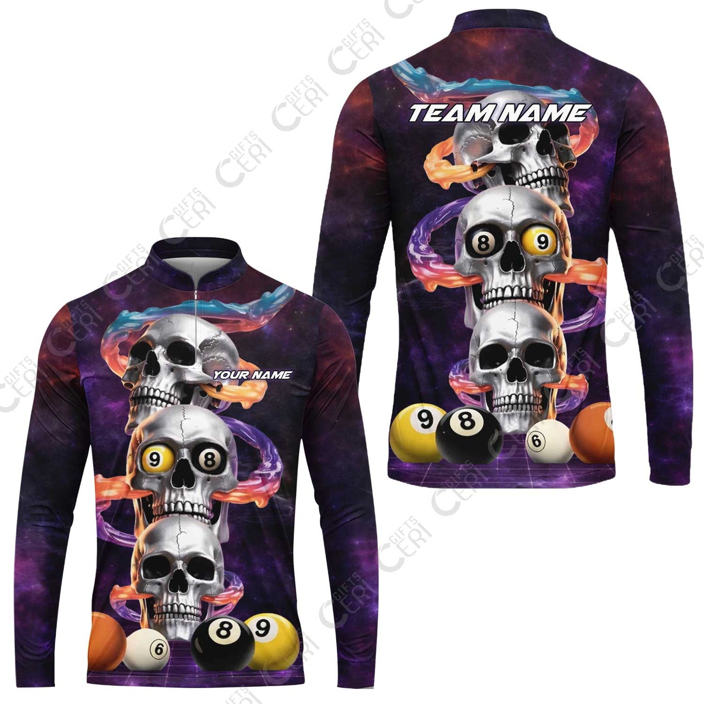 Customized 8 Ball Pool Stand Collar Quarter-Zip Long Sleeve Jersey, Billiards 8-Ball Galaxy Reaper, Billiards Jerseys
