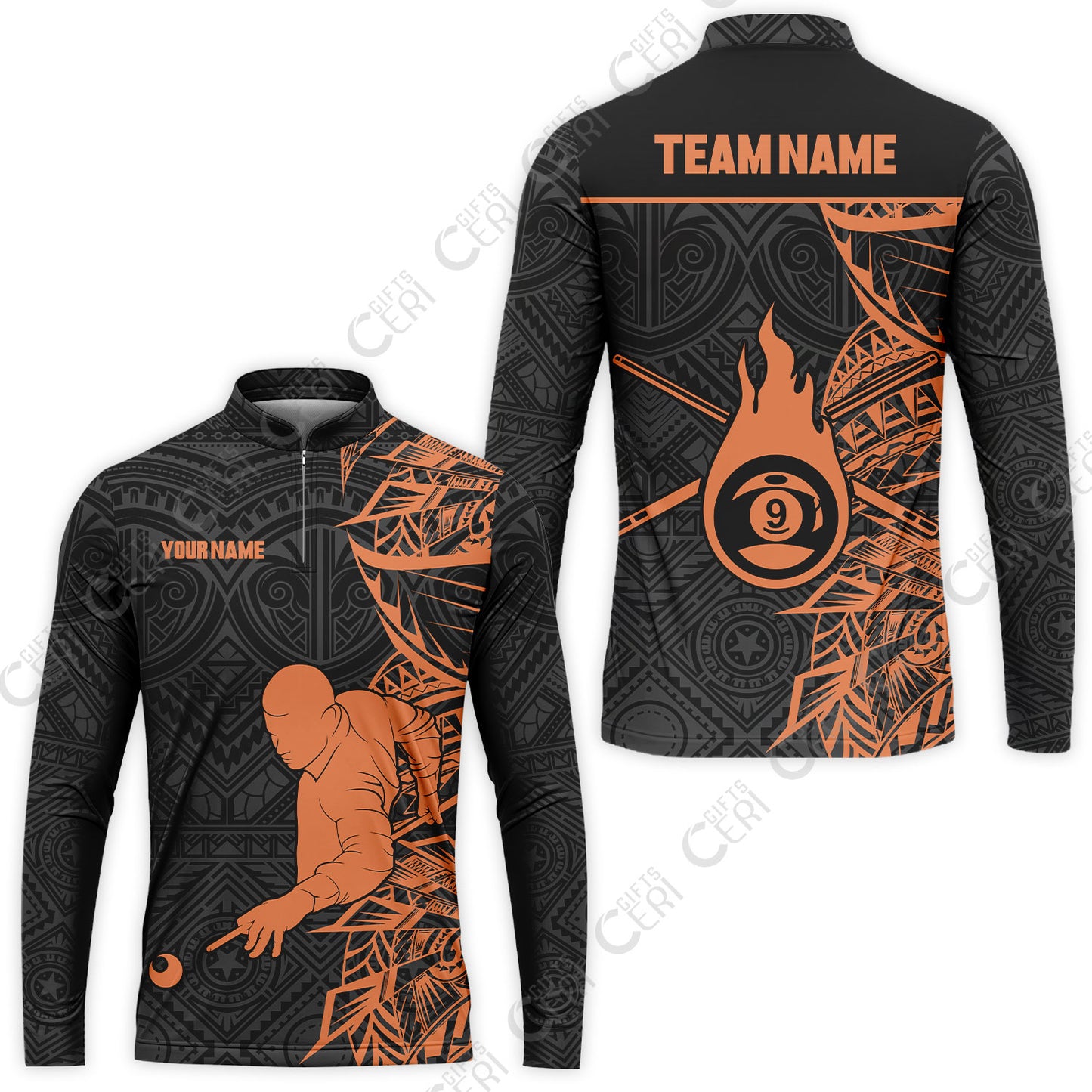 Customized 9 Ball Pool Stand Collar Quarter-Zip Long Sleeve Jersey, 9-Ball Billiards Tattoo Pattern, Billiards Jerseys