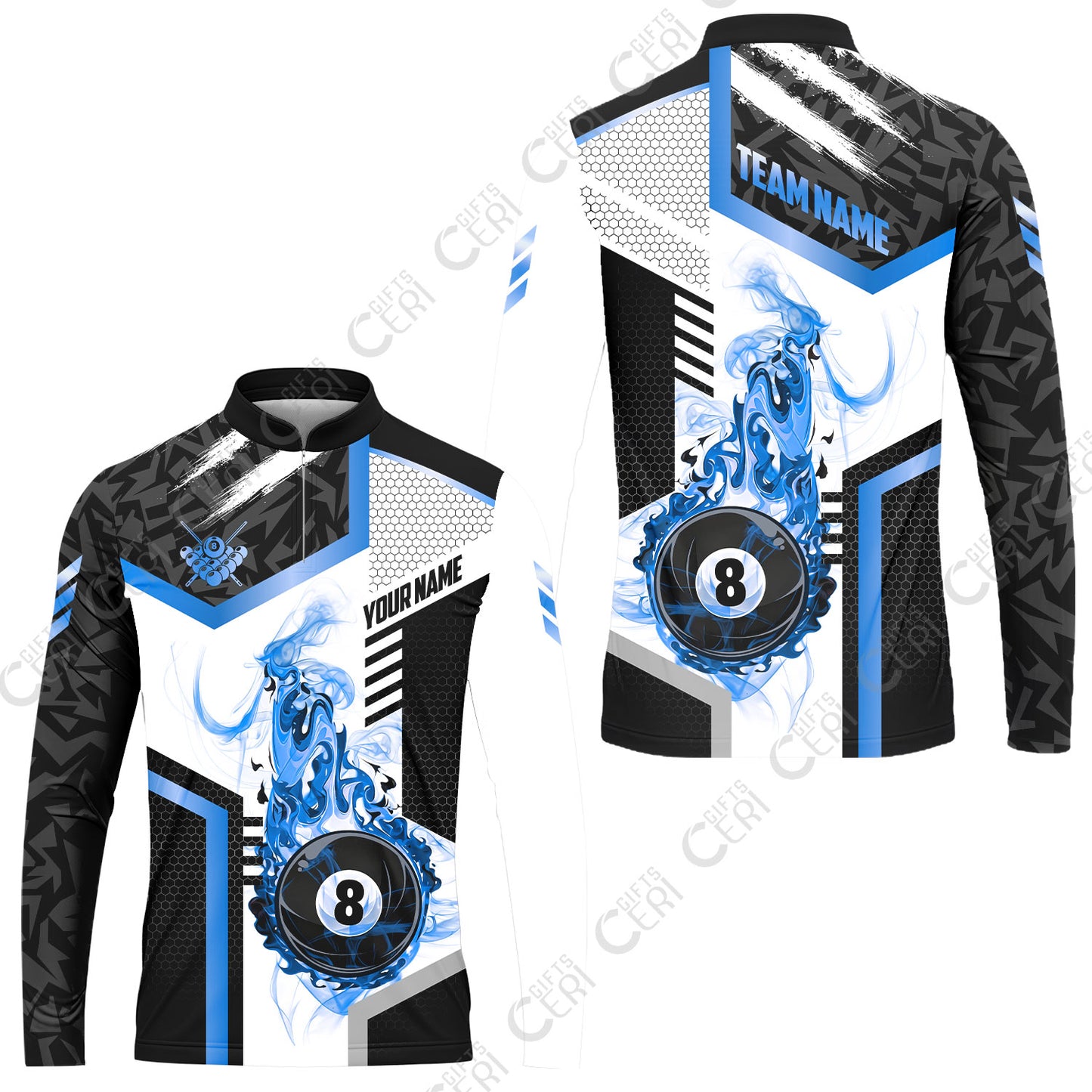 Customized Billiards Stand Collar Quarter-Zip Long Sleeve Jersey, Flaming 8-Ball Graphic, 8 Ball Pool Jersey