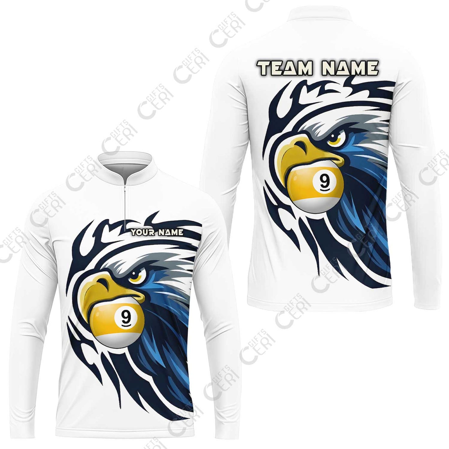 Customized 9 Ball Pool Stand Collar Quarter-Zip Long Sleeve Jersey, Eagle Eye 9-Ball, Personalized Billiards Jersey