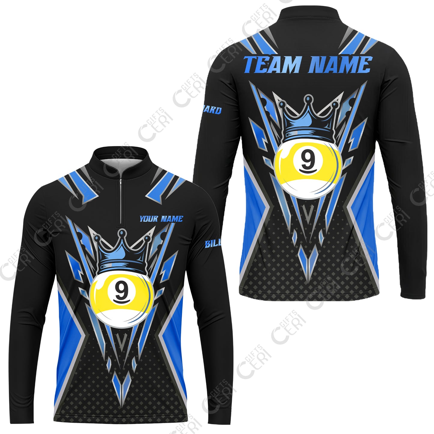 Customized 9 Ball Pool Stand Collar Quarter-Zip Long Sleeve Jersey, Billiard 9-Ball Crown, Billiard Jerseys