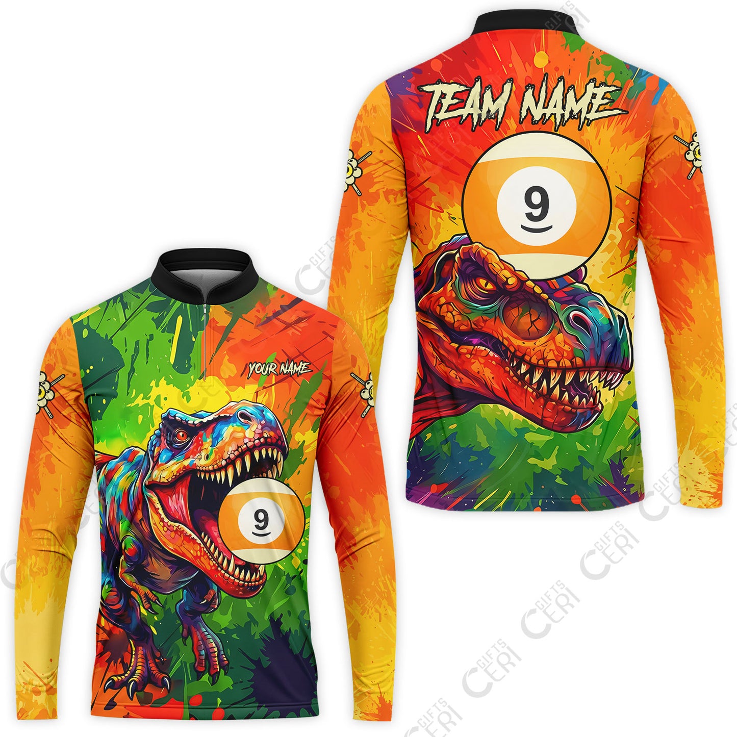 Customized 9 Ball Pool Stand Collar Quarter-Zip Long Sleeve Jersey, Dinosaur Colorful Splash Paint Billiard 9-Ball, Personalized Billiards Jersey