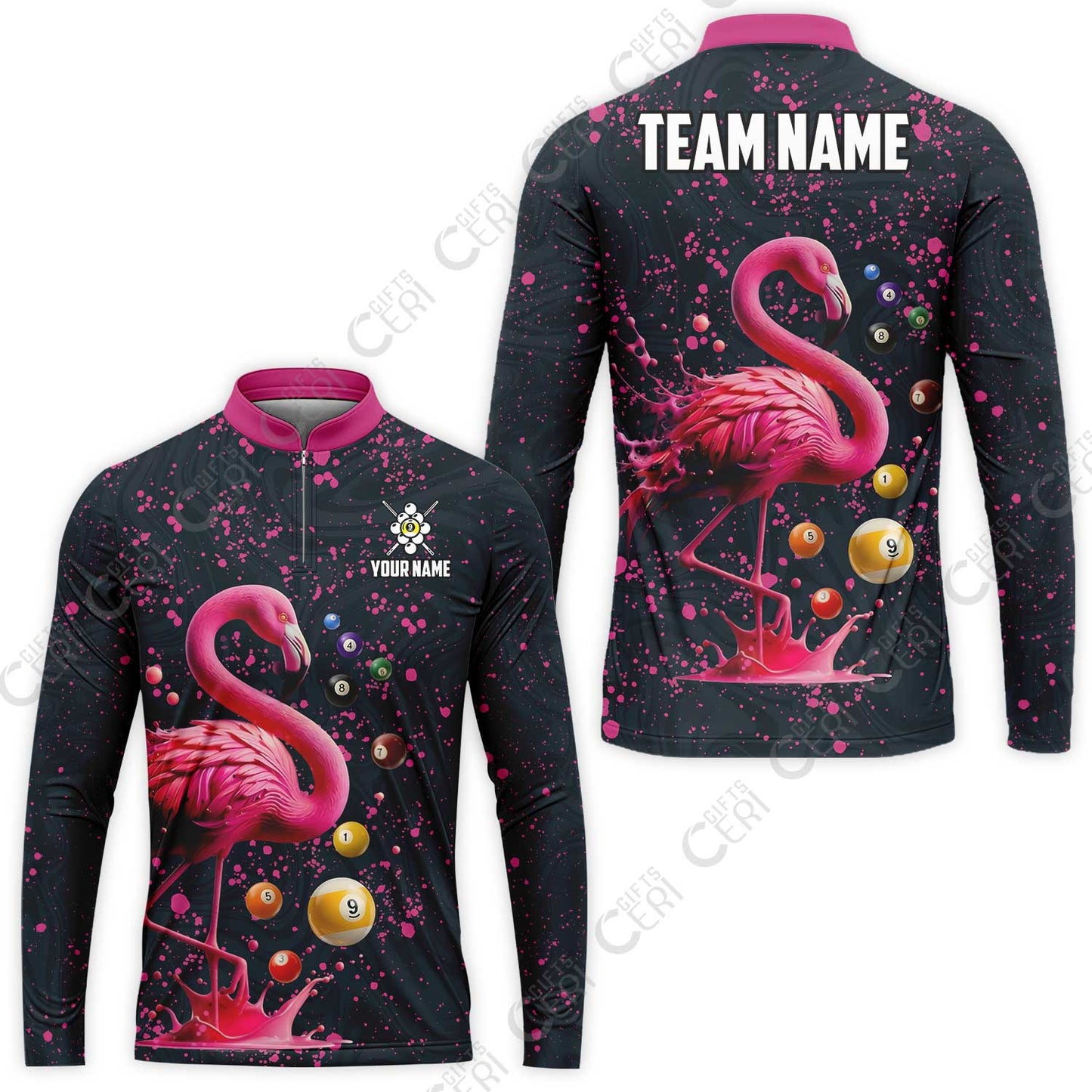 Customized 9 Ball Pool Stand Collar Quarter-Zip Long Sleeve Jersey, Flamingo Pink Splat Billiard 9-Ball, Billiards Jersey