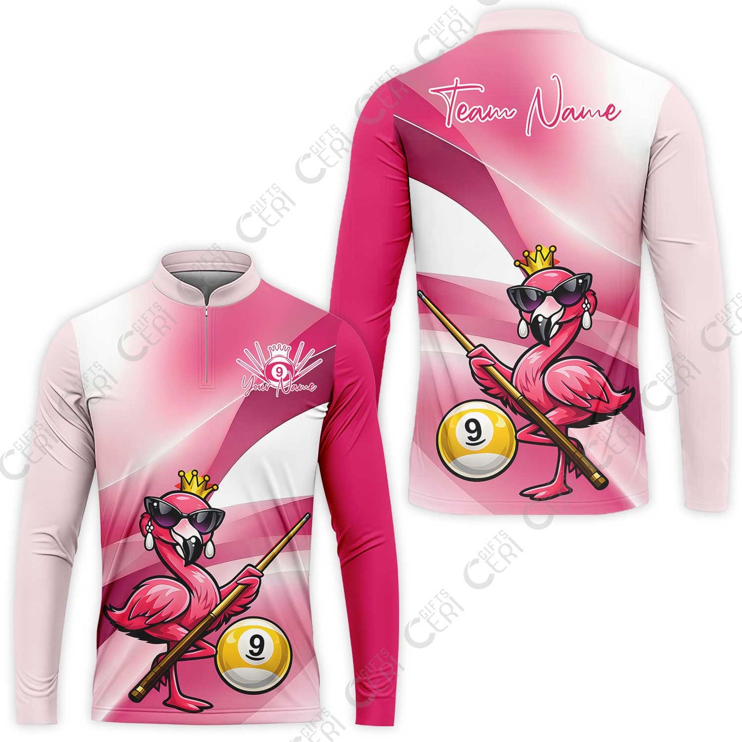 Customized 9 Ball Pool Stand Collar Quarter-Zip Long Sleeve Jersey, Pink Flamingo Billiards 9-Ball, Personalized Billiards Jersey
