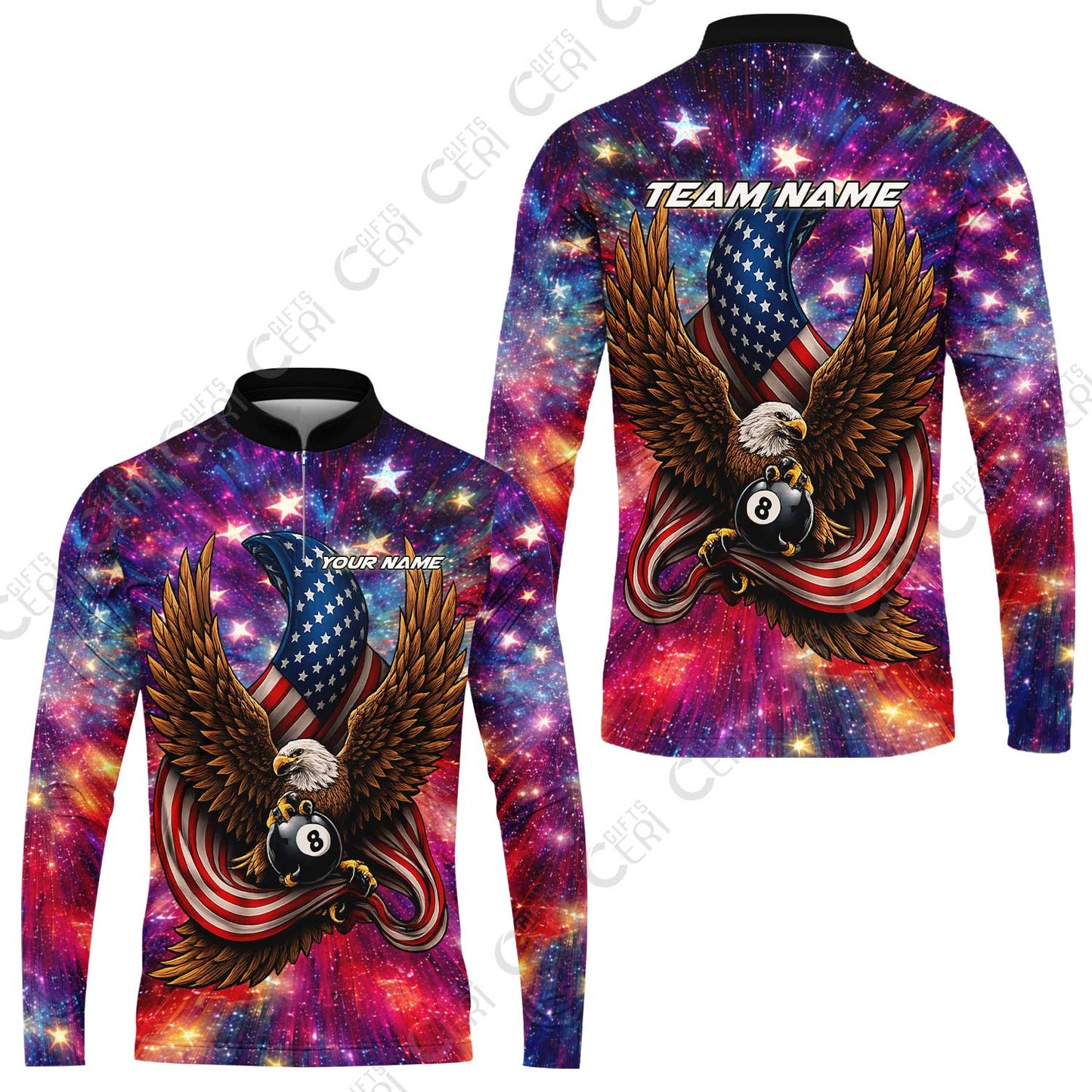 Customized 8 Ball Pool Stand Collar Quarter-Zip Long Sleeve Jersey, Billiard American Flag Galactic Eagle, Billiards Jerseys