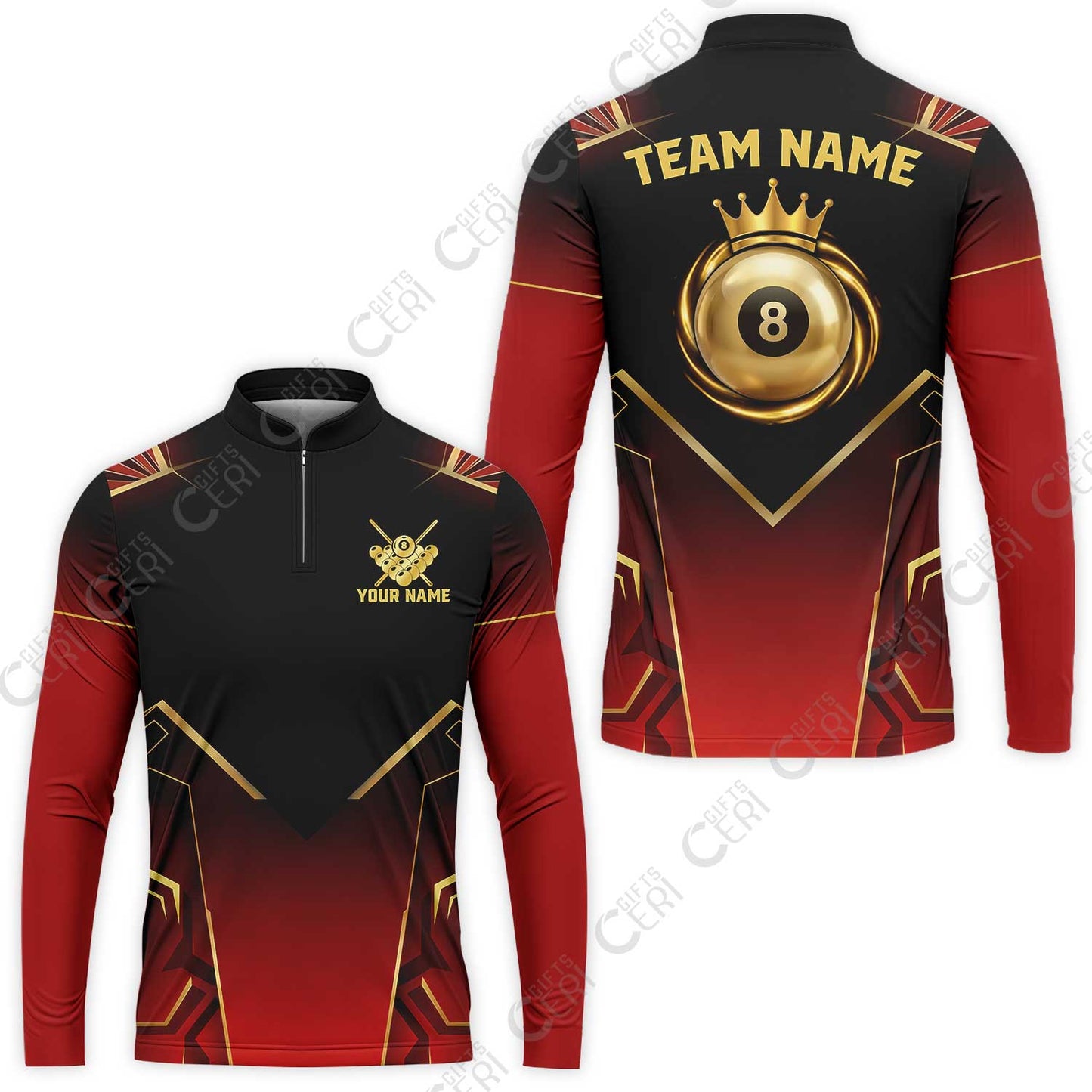 Customized 8 Ball Pool Stand Collar Quarter-Zip Long Sleeve Jersey, Tech-Futuristic 3 Scale 8-Ball, Personalized Billiards Jersey