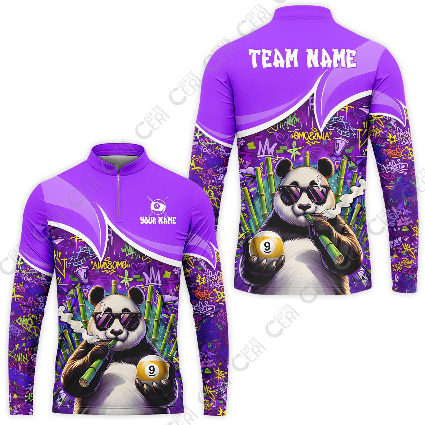 Customized 9 Ball Pool Stand Collar Quarter-Zip Long Sleeve Jersey, 9-Ball Panda Bamboo Billiards, Billiards Jerseys