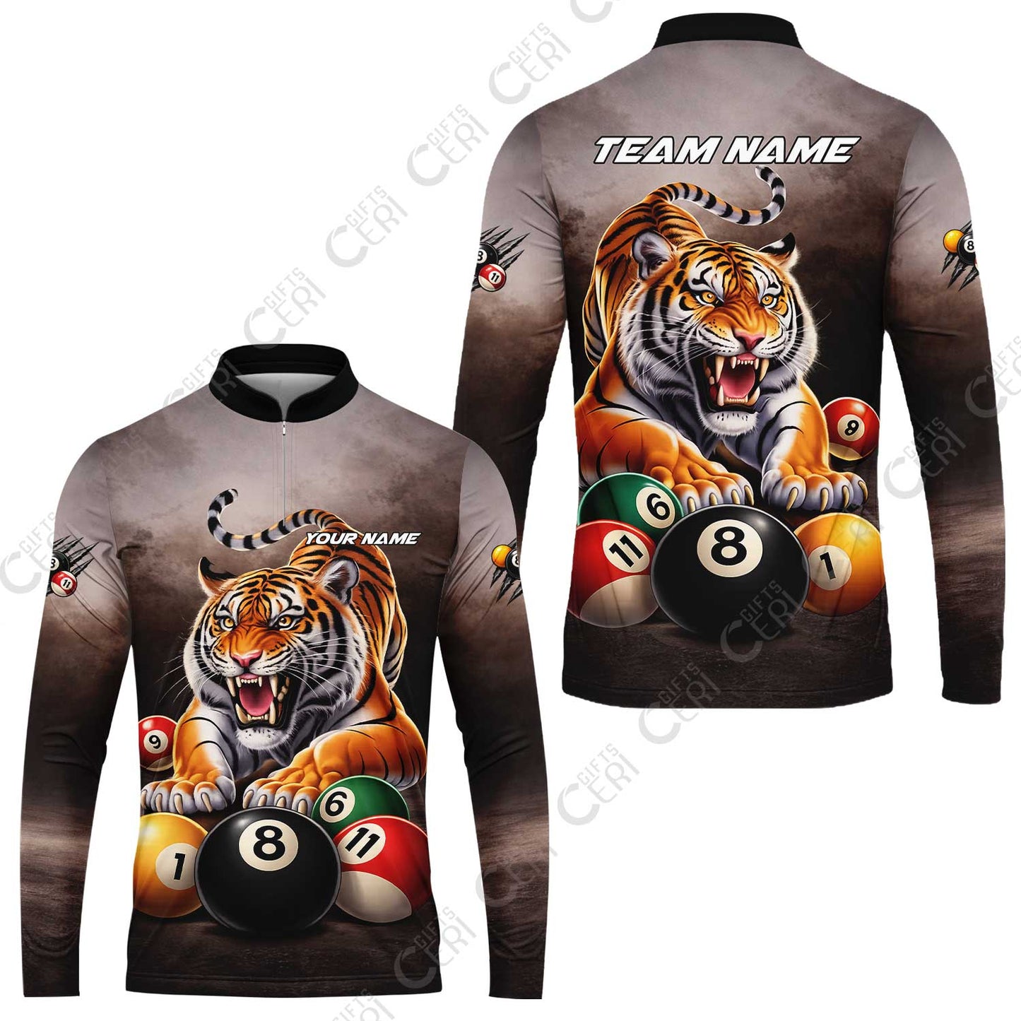 Customized 8 Ball Pool Stand Collar Quarter-Zip Long Sleeve Jersey, Billiards 8-Ball Colorful Tiger Break, Billiards Jerseys