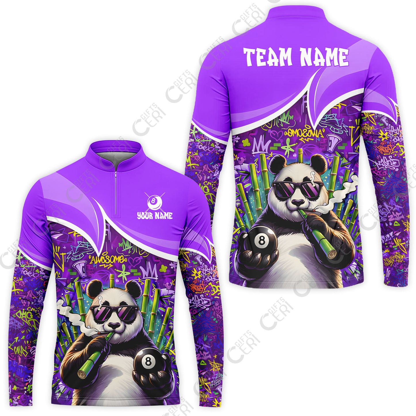 Customized 8 Ball Pool Stand Collar Quarter-Zip Long Sleeve Jersey, 8-Ball Panda Bamboo Billiards, Billiards Jerseys