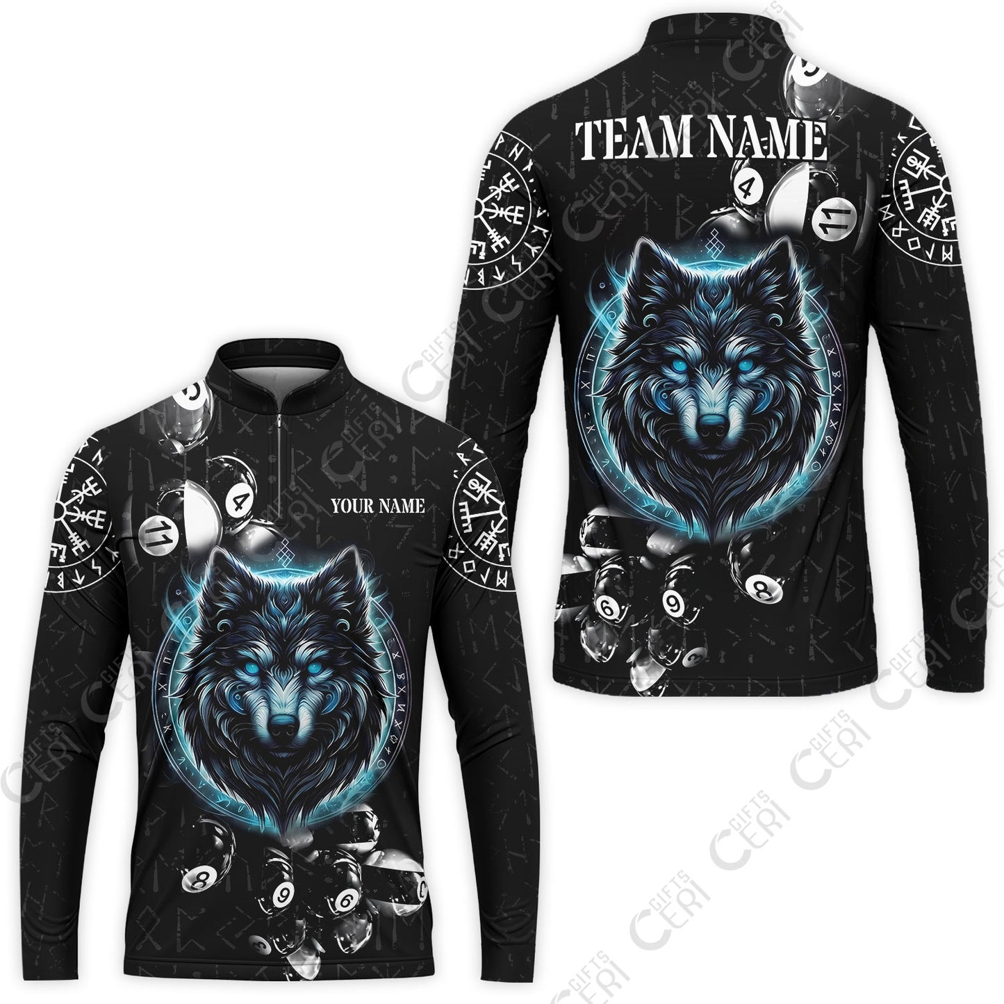 Customized Billiards Stand Collar Quarter-Zip Long Sleeve Jersey, Wolf Runic Viking Black Grunge Alphabet, Billiards Jerseys