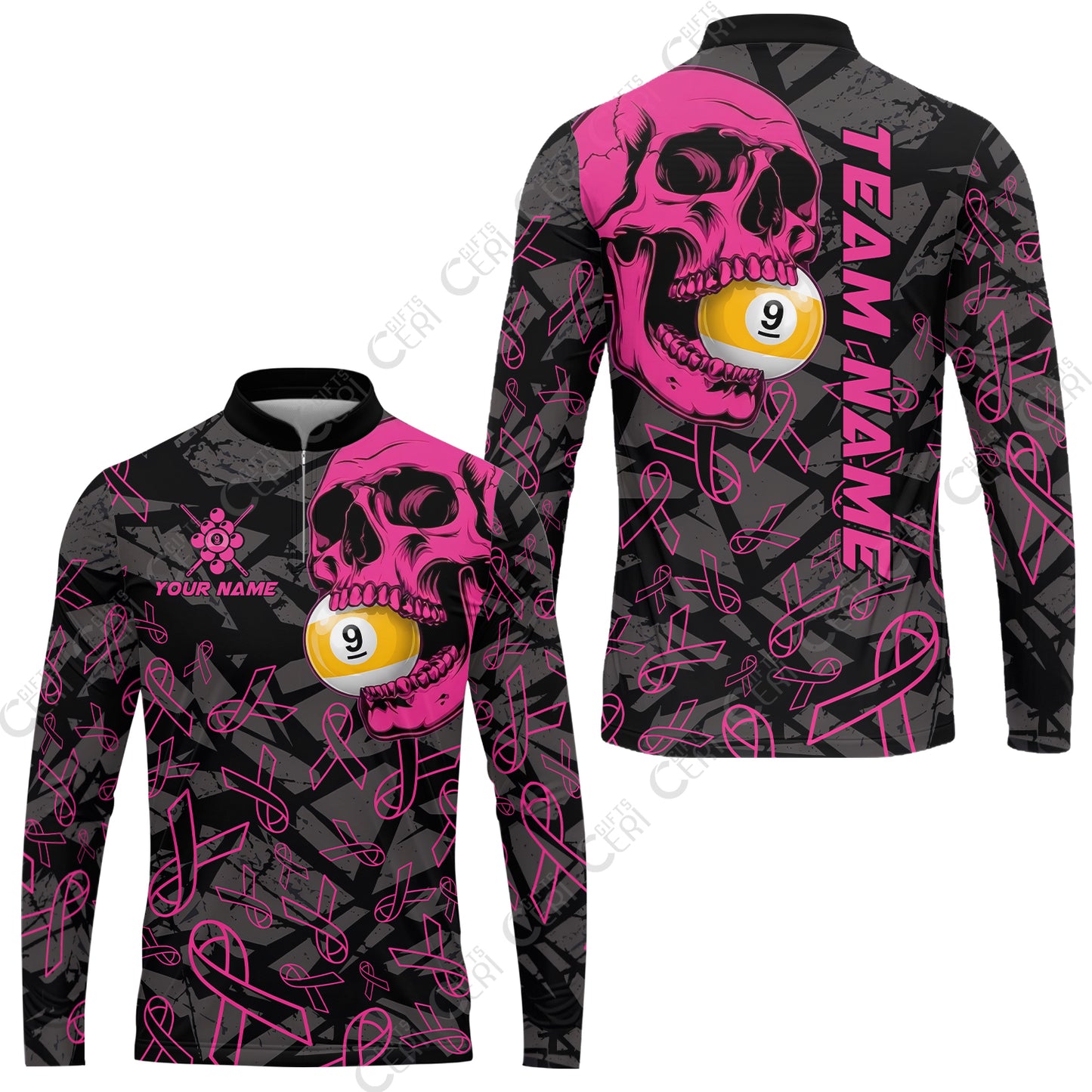 Customized 9 Ball Pool Stand Collar Quarter-Zip Long Sleeve Jersey, Billiard Pink Skull 9-Ball, Personalized Billiards Jersey