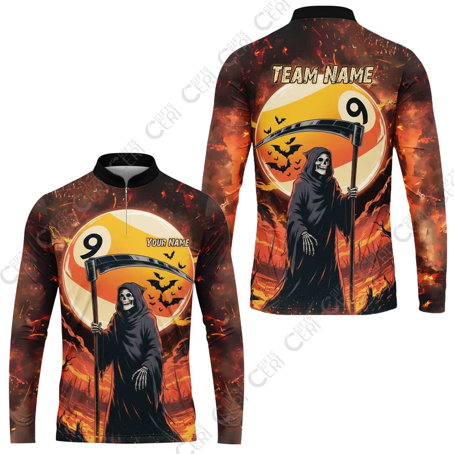 Customized Billiards Stand Collar Quarter-Zip Long Sleeve Jersey, Halloween Grim Reaper Death Shot 9 Ball Jersey