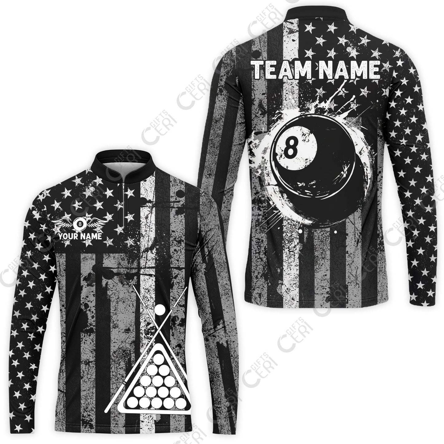 Customized 8 Ball Pool Stand Collar Quarter-Zip Long Sleeve Jersey, Distressed American Flag Pattern, Billiards Jerseys