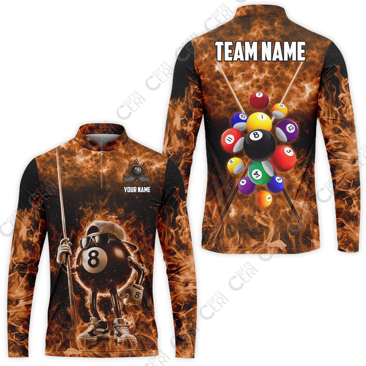 Customized 8 Ball Pool Stand Collar Quarter-Zip Long Sleeve Jersey, 8-Ball Wearing Cap And Sunglasses Flaming Burn, Billiard Jerseys
