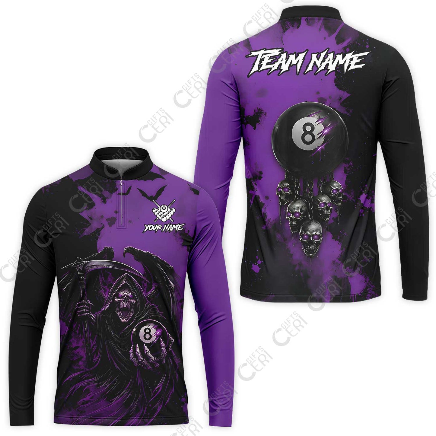 Customized 8 Ball Pool Stand Collar Quarter-Zip Long Sleeve Jersey, Billiard Death Skull Paint Splash, Billiards Jersey