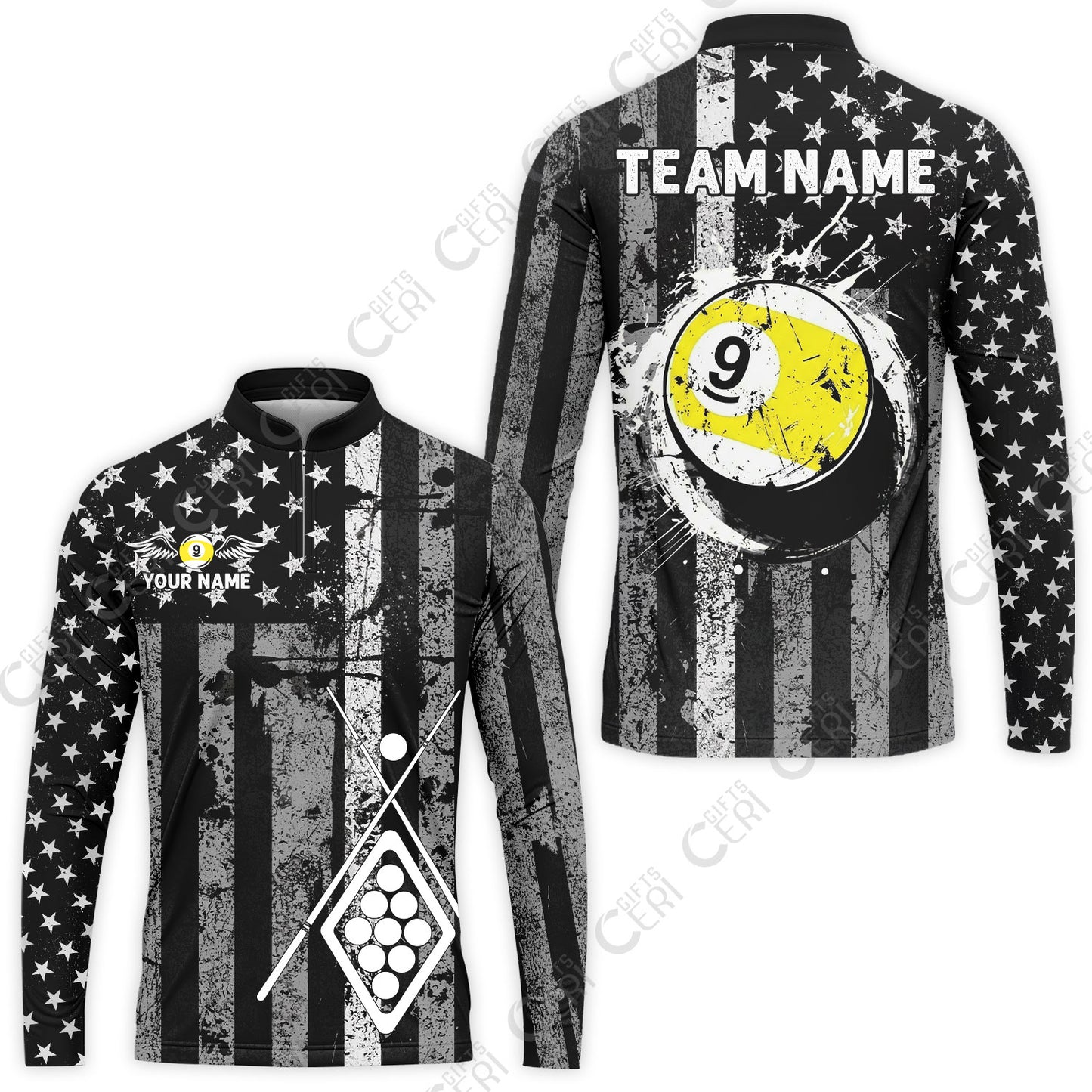 Customized 9 Ball Pool Stand Collar Quarter-Zip Long Sleeve Jersey, Distressed American Flag Pattern, Billiards Jerseys