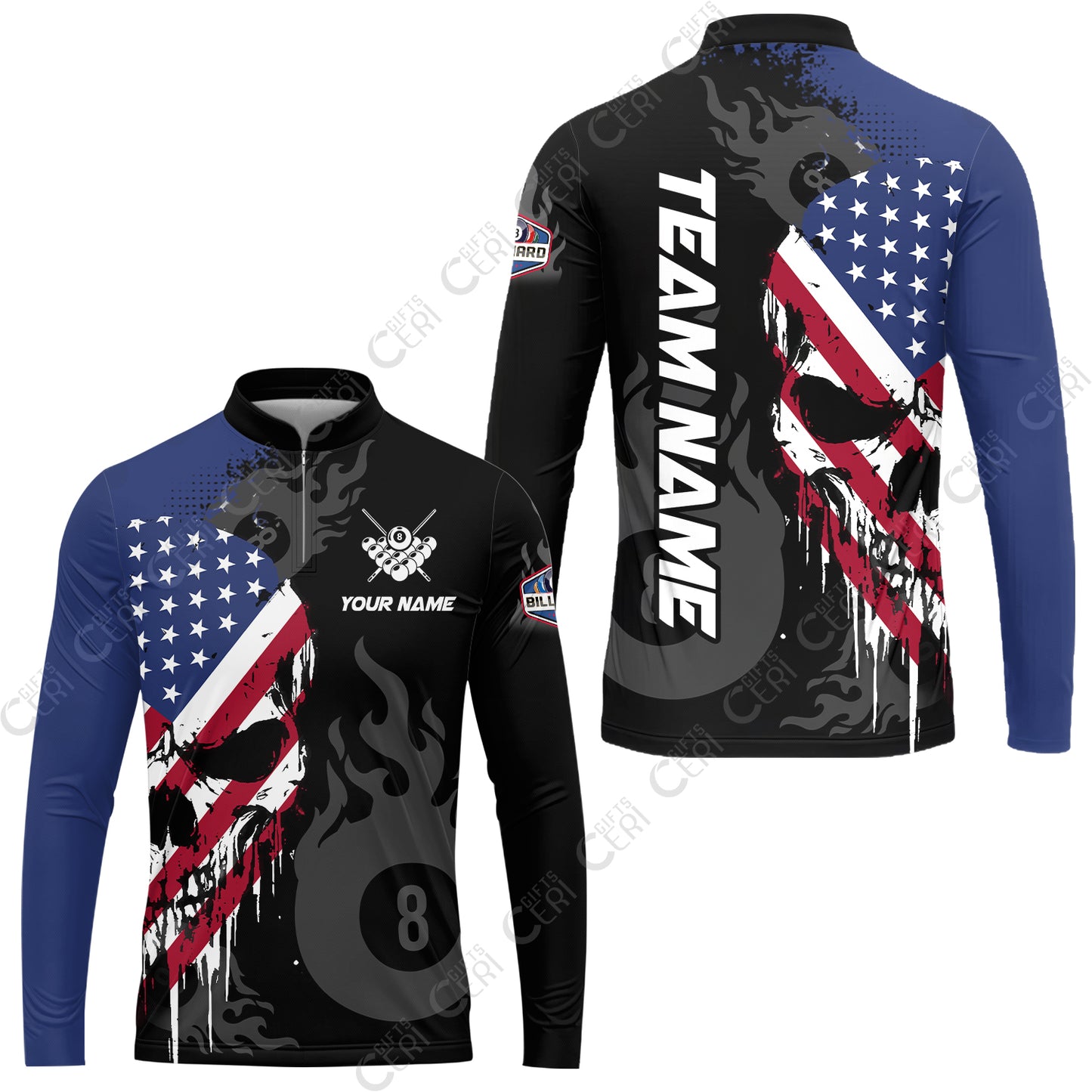 Customized 8 Ball Pool Stand Collar Quarter-Zip Long Sleeve Jersey, Billiards 8-Ball Flame And The Skull With American Flag, Billiards Jerseys
