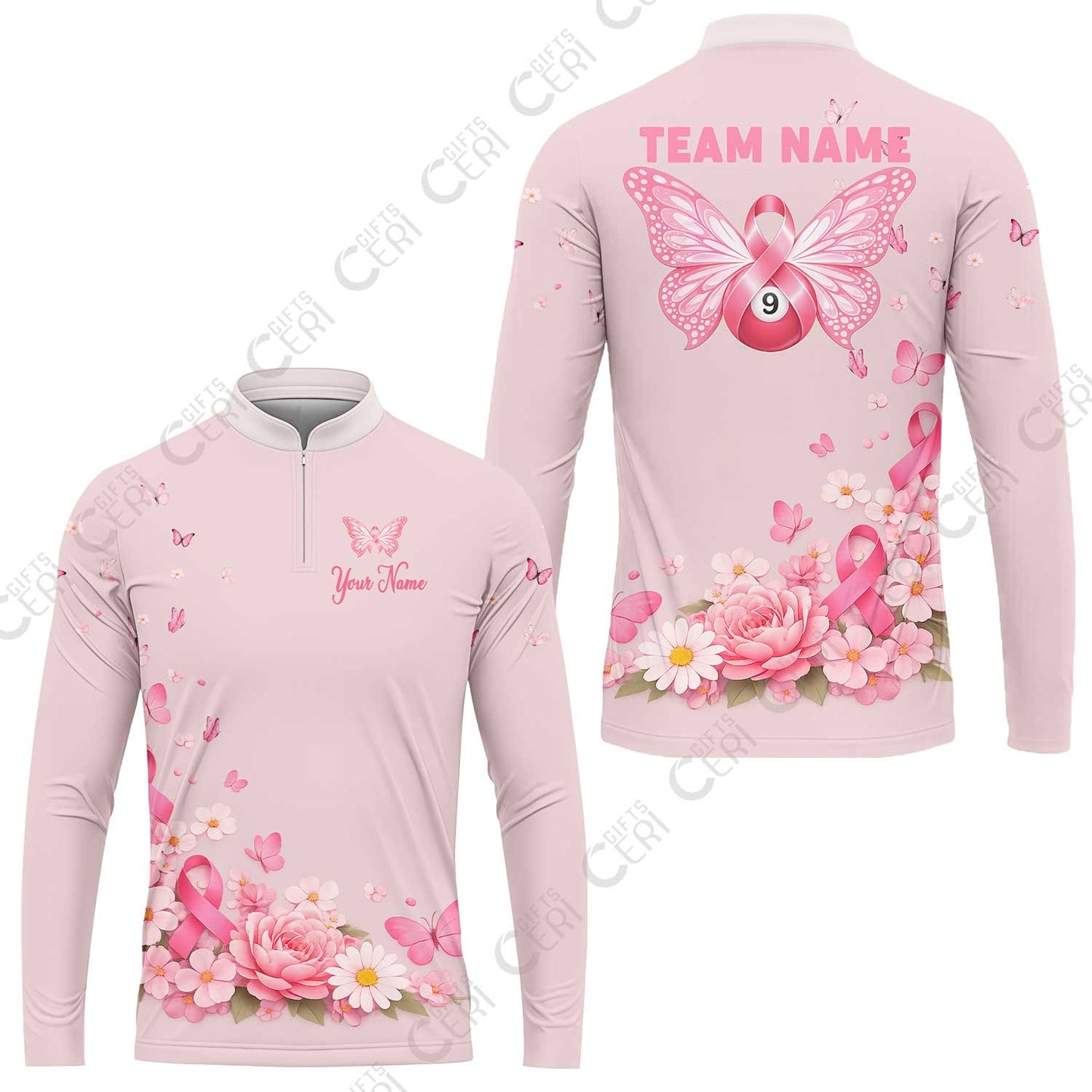 Customized 9 Ball Pool Stand Collar Quarter-Zip Long Sleeve Jersey, Floral Butterfly Billiards 9-Ball, Personalized Billiards Jersey
