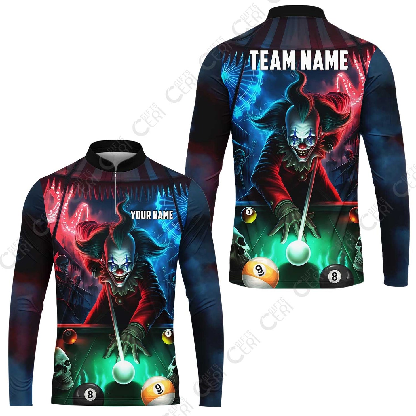 Customized Billiards Stand Collar Quarter-Zip Long Sleeve Jersey, 8 & 9 Ball Pool Nightmare Billiards Clown Jersey, Billiards Jerseys