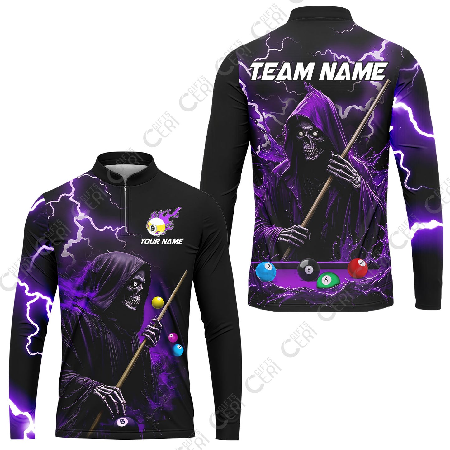 Customized 9 Ball Pool Stand Collar Quarter-Zip Long Sleeve Jersey, The Death Plays Billiards 9-Ball Flame, Billiards Jerseys
