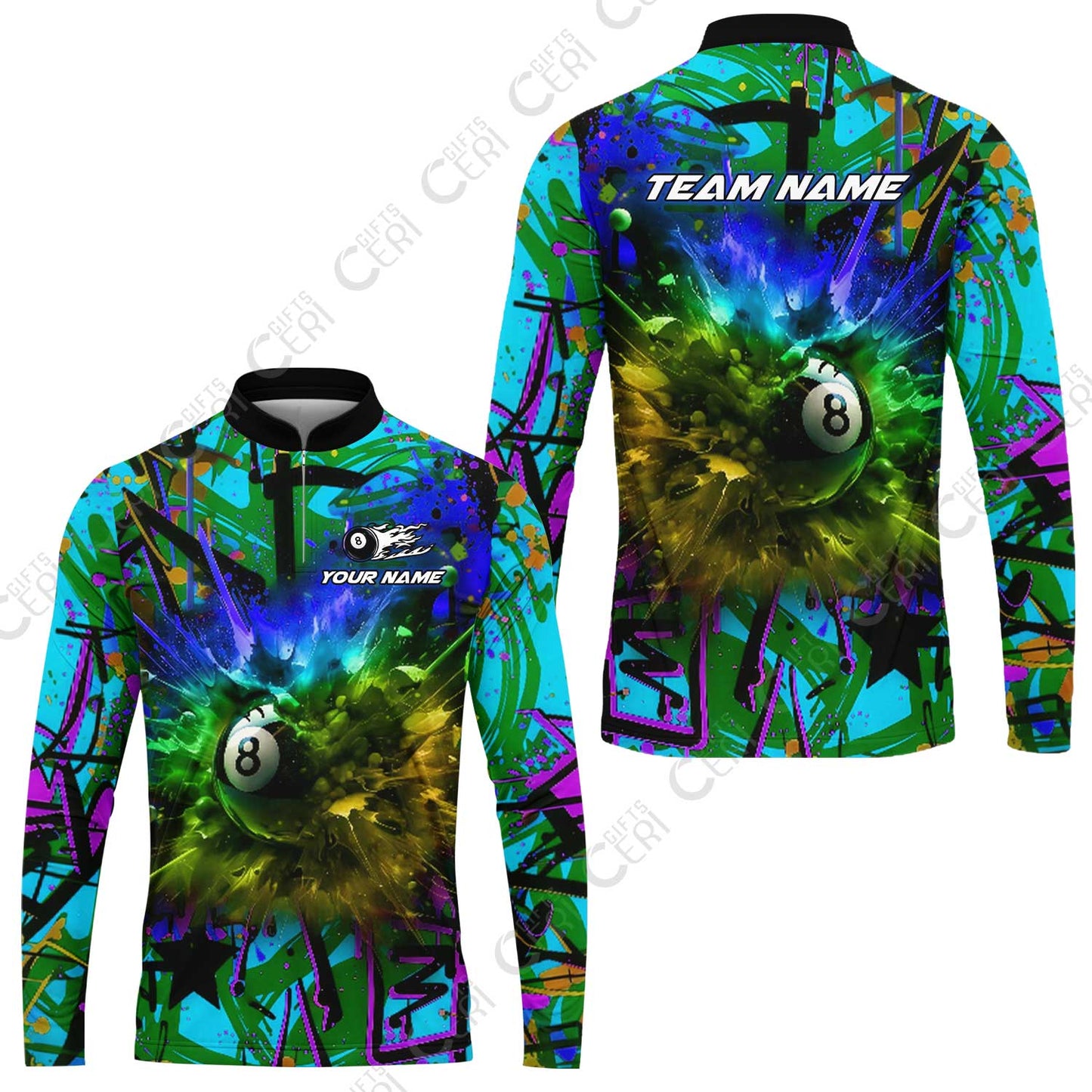 Customized Billiards Stand Collar Quarter-Zip Long Sleeve Jersey, Personalized Neon Chaos 8 Ball Jersey Gift For Billiard Players