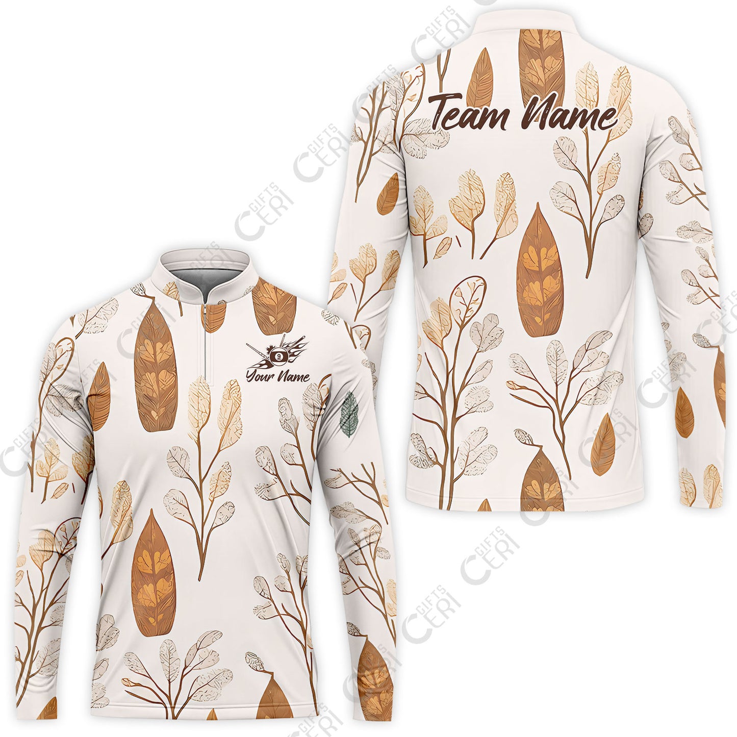 Customized 9 Ball Pool Stand Collar Quarter-Zip Long Sleeve Jersey, Leaves Pattern Billiard 9-ball, Personalized Billiards Jersey