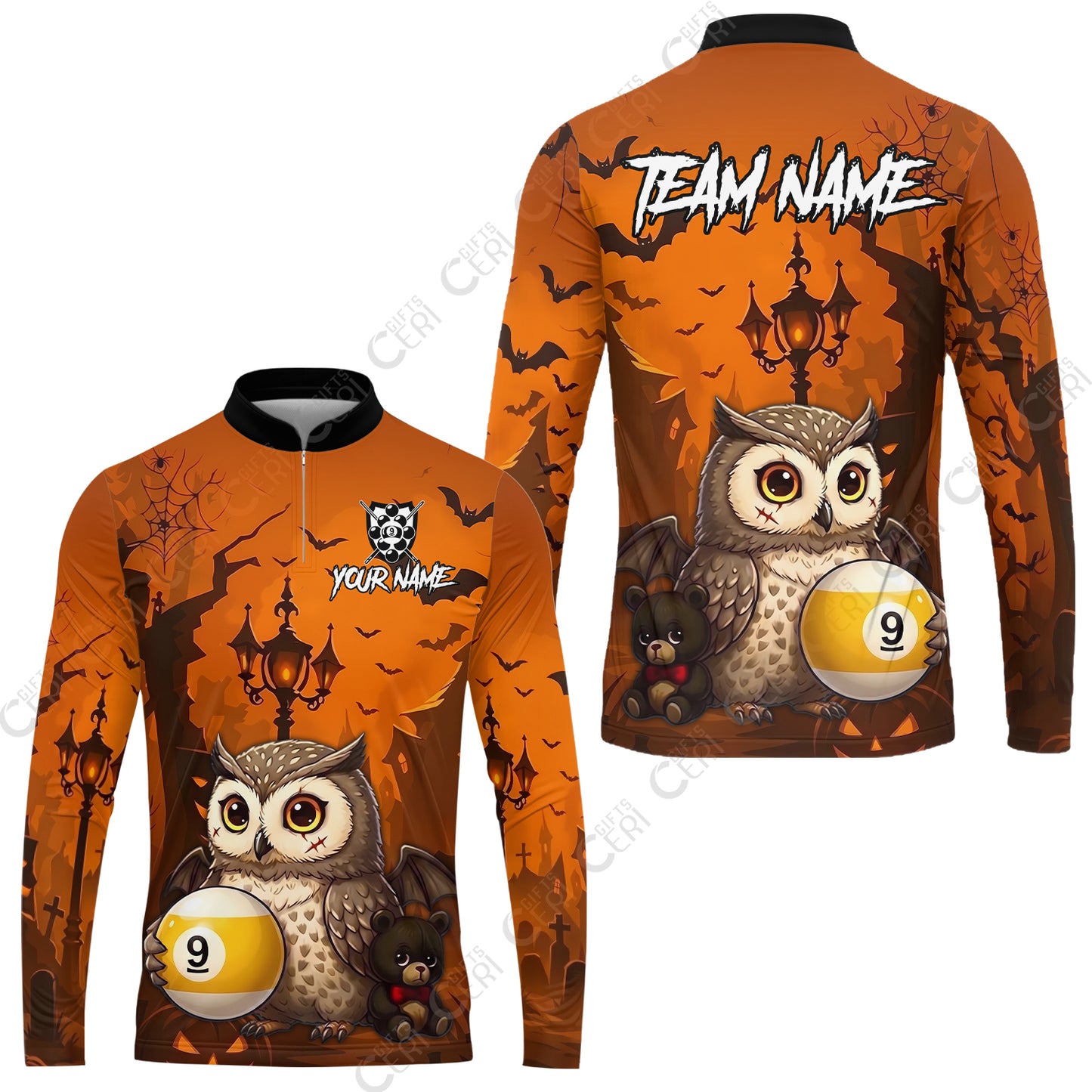Customized 9 Ball Pool Stand Collar Quarter-Zip Long Sleeve Jersey, Halloween Owl Holding 9-Ball, Personalized Billiards Jersey