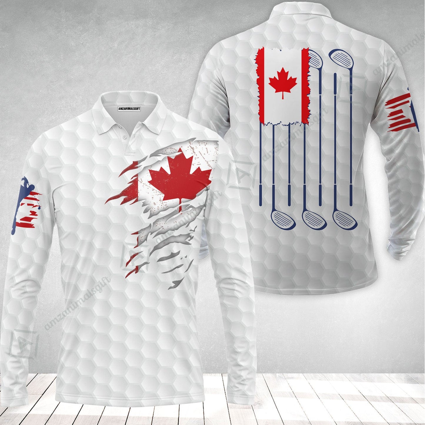 Golf Canada Flag Long Polo Shirt, Red Maple Leaf Golfing Shirt, Canadian Golf Long Polo Shirt