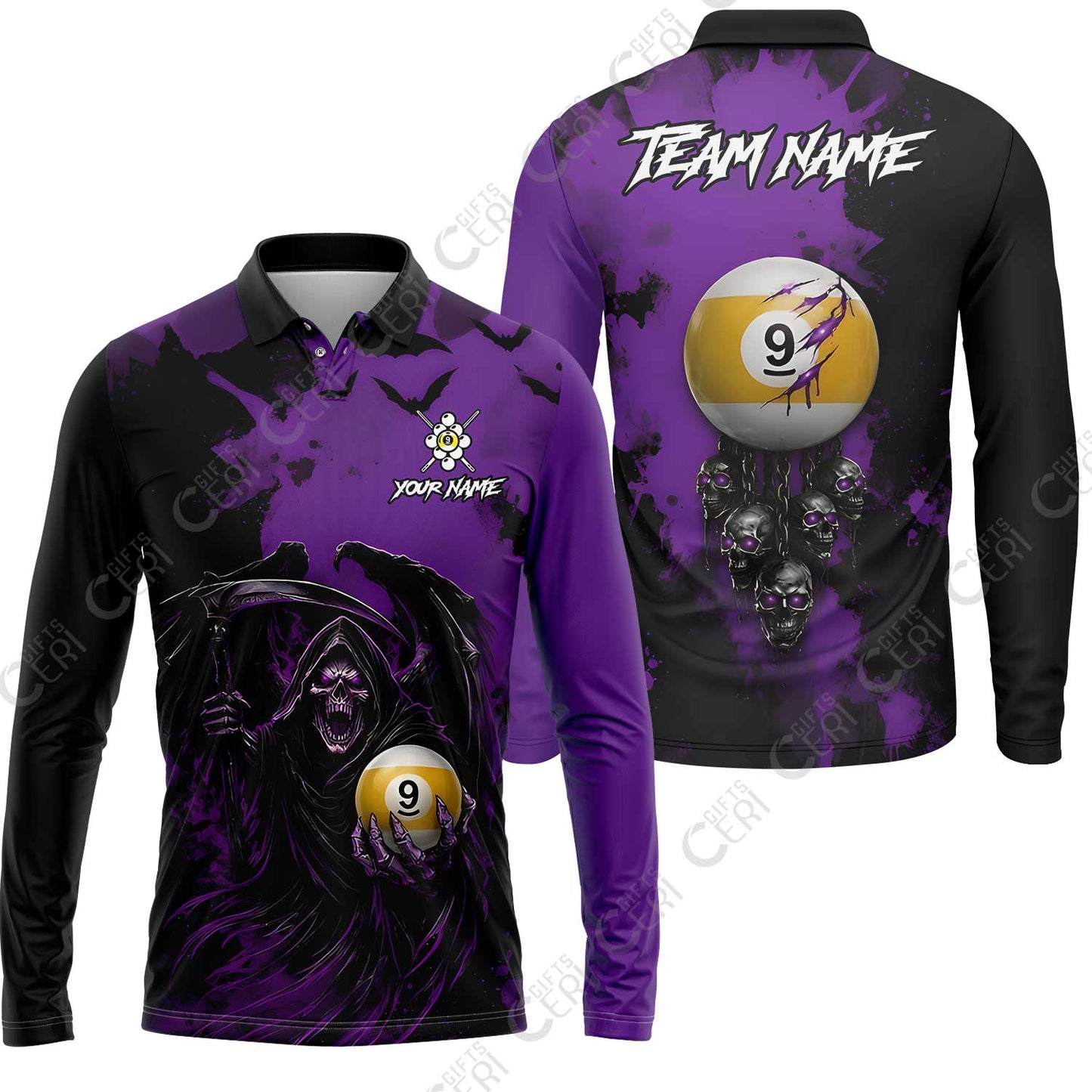 Customized 9 Ball Pool Long Sleeve Polo Shirt, Billiard Death Skull Paint Splash 9-Ball, Billiards Jersey