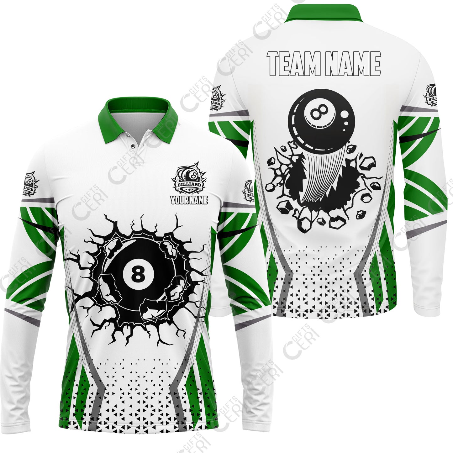Customized 8 Ball Pool Long Sleeve Polo Shirt, Billiard Triangle Pattern, 8-Ball Breaks The Wall, Billiard Jerseys