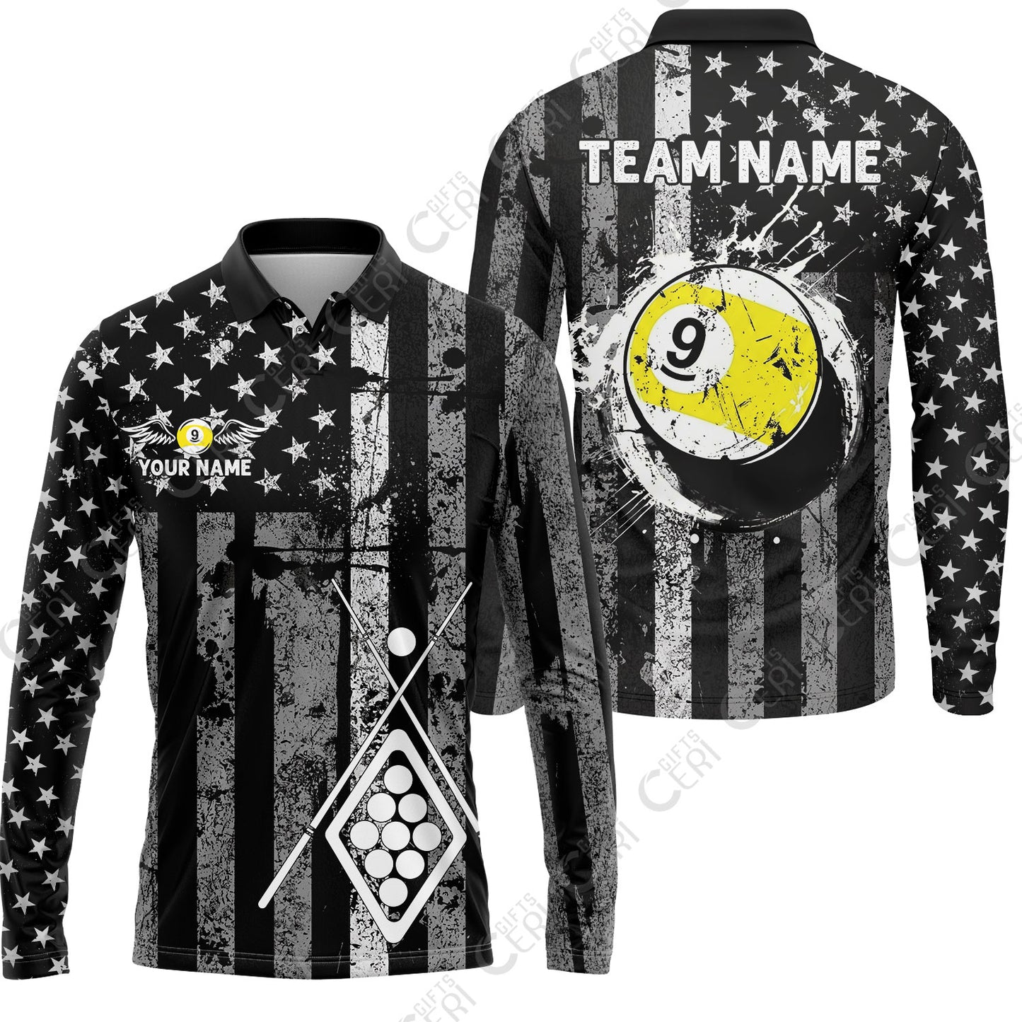 Customized 9 Ball Pool Long Sleeve Polo Shirt, Distressed American Flag Pattern, Billiards Jerseys