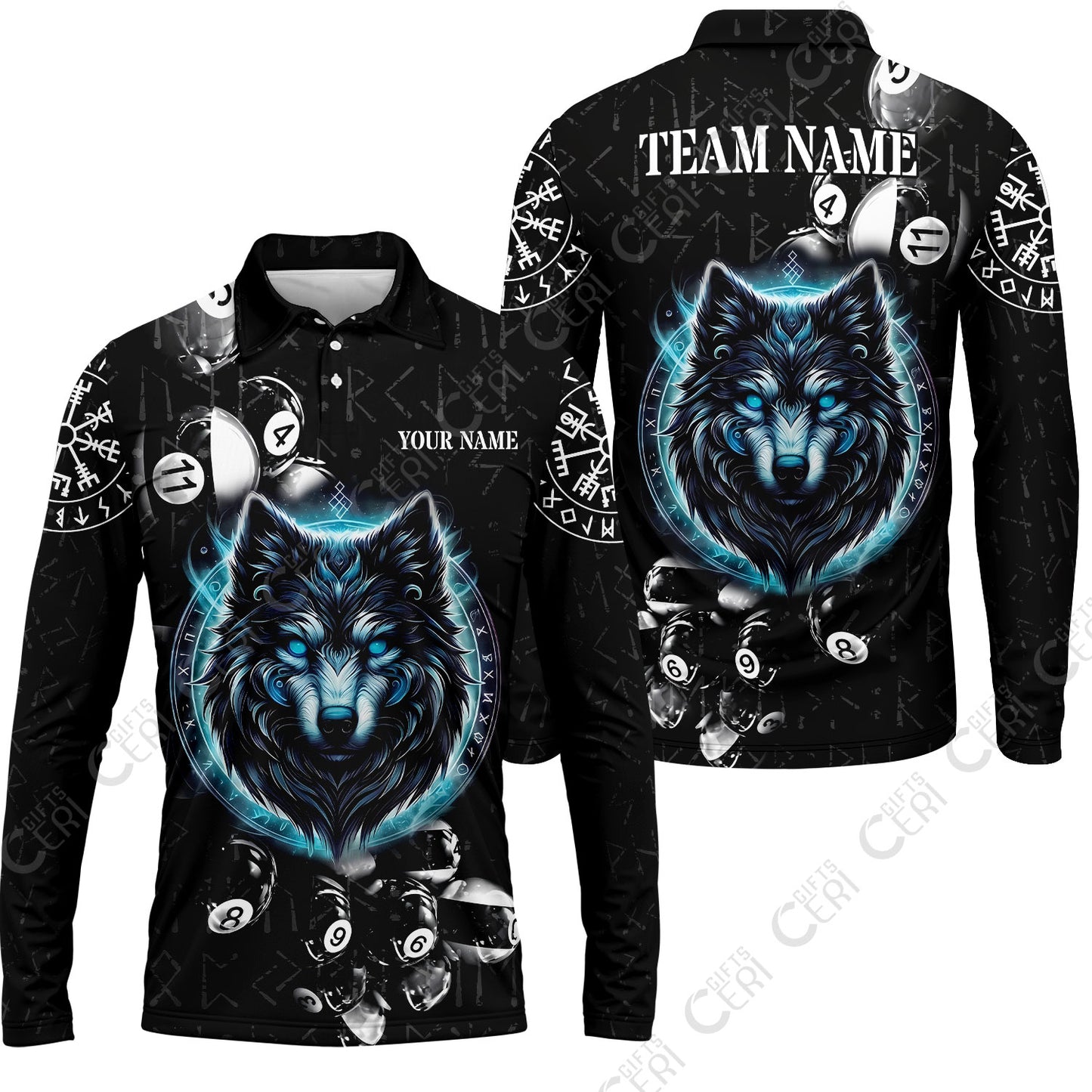 Customized Billiards Long Sleeve Polo Shirt, Wolf Runic Viking Black Grunge Alphabet, Billiards Jerseys