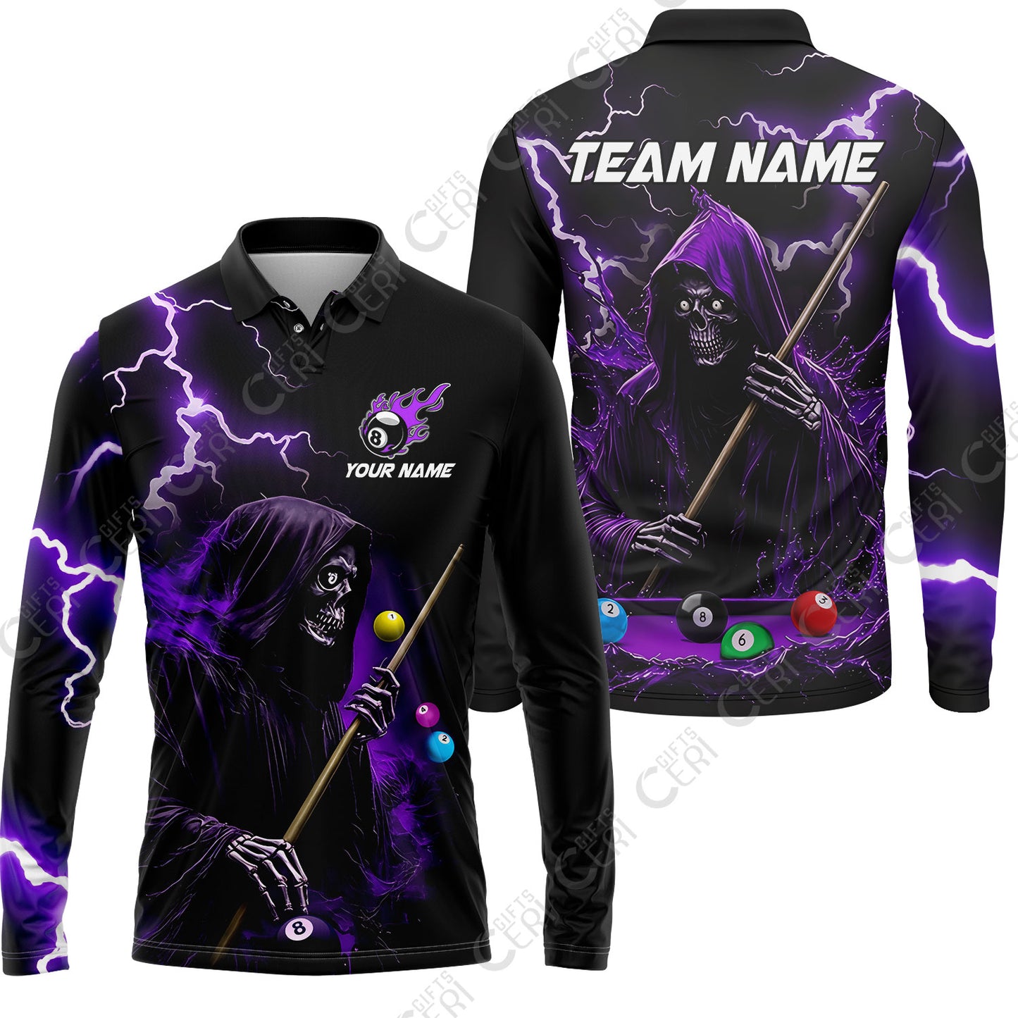 Customized 8 Ball Pool Long Sleeve Polo Shirt, The Death Plays Billiards 8-Ball Flame, Billiards Jerseys
