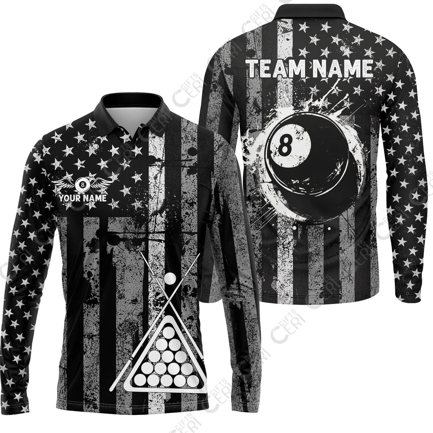 Customized 8 Ball Pool Long Sleeve Polo Shirt, Distressed American Flag Pattern, Billiards Jerseys