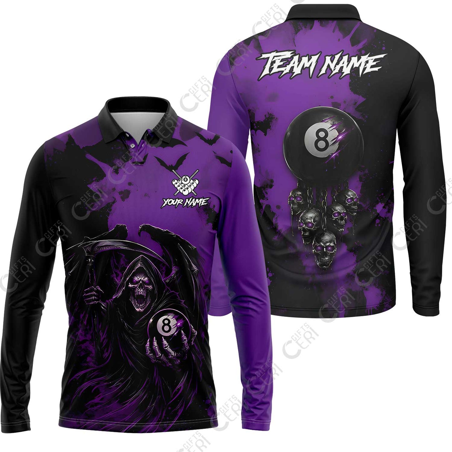 Customized 8 Ball Pool Long Sleeve Polo Shirt, Billiard Death Skull Paint Splash, Billiards Jersey
