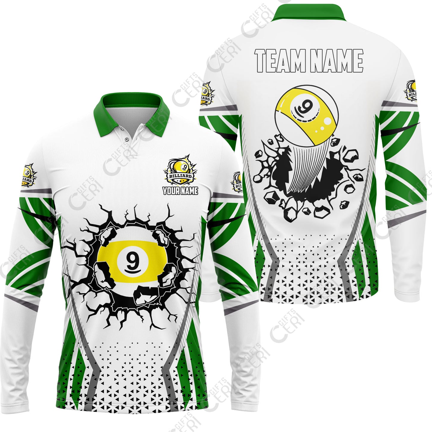 Customized 9 Ball Pool Long Sleeve Polo Shirt, Billiard Triangle Pattern, 9-Ball Breaks The Wall, Billiard Jerseys