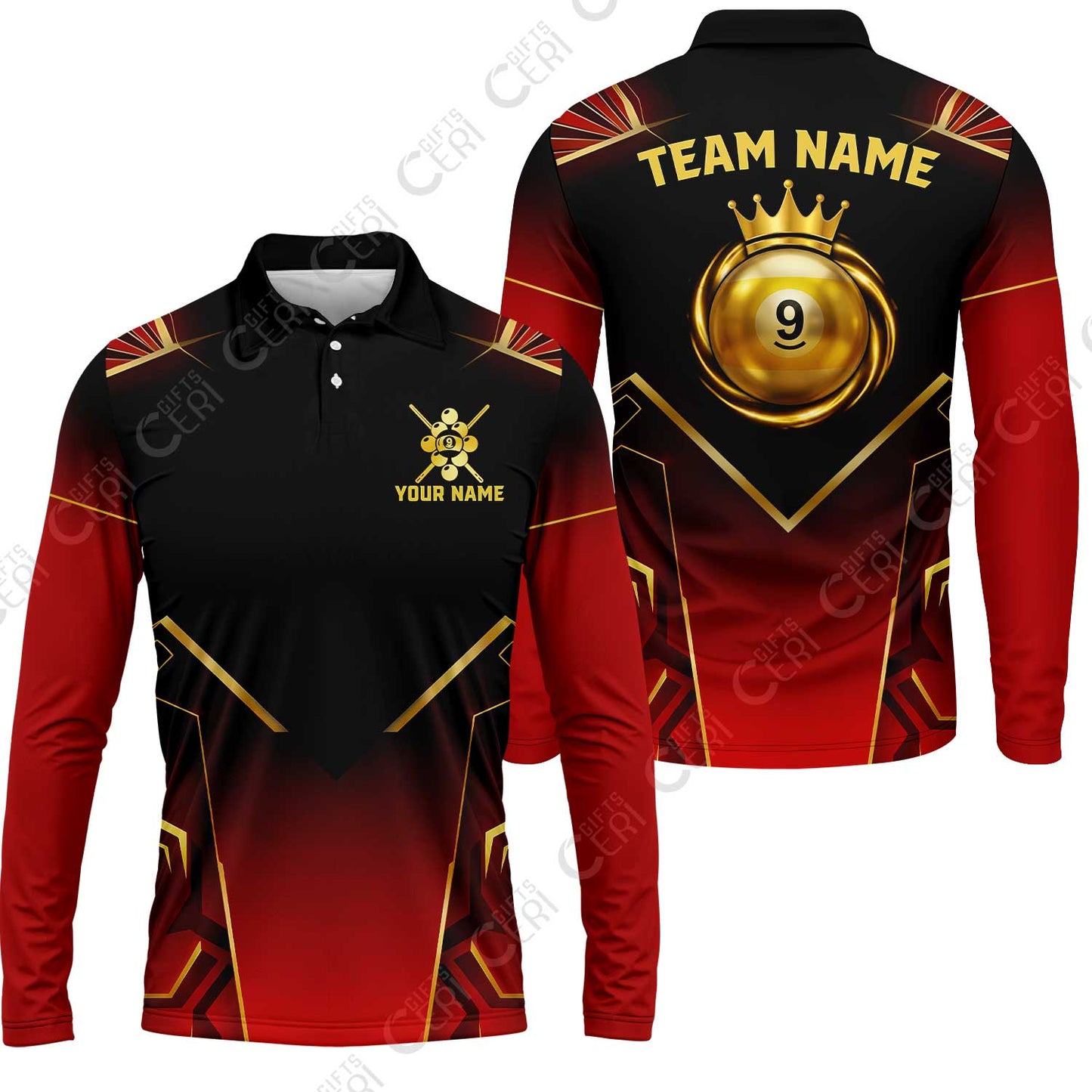 Customized 9 Ball Pool Long Sleeve Polo Shirt, Tech-Futuristic 3 Scale 9-Ball, Personalized Billiards Jersey