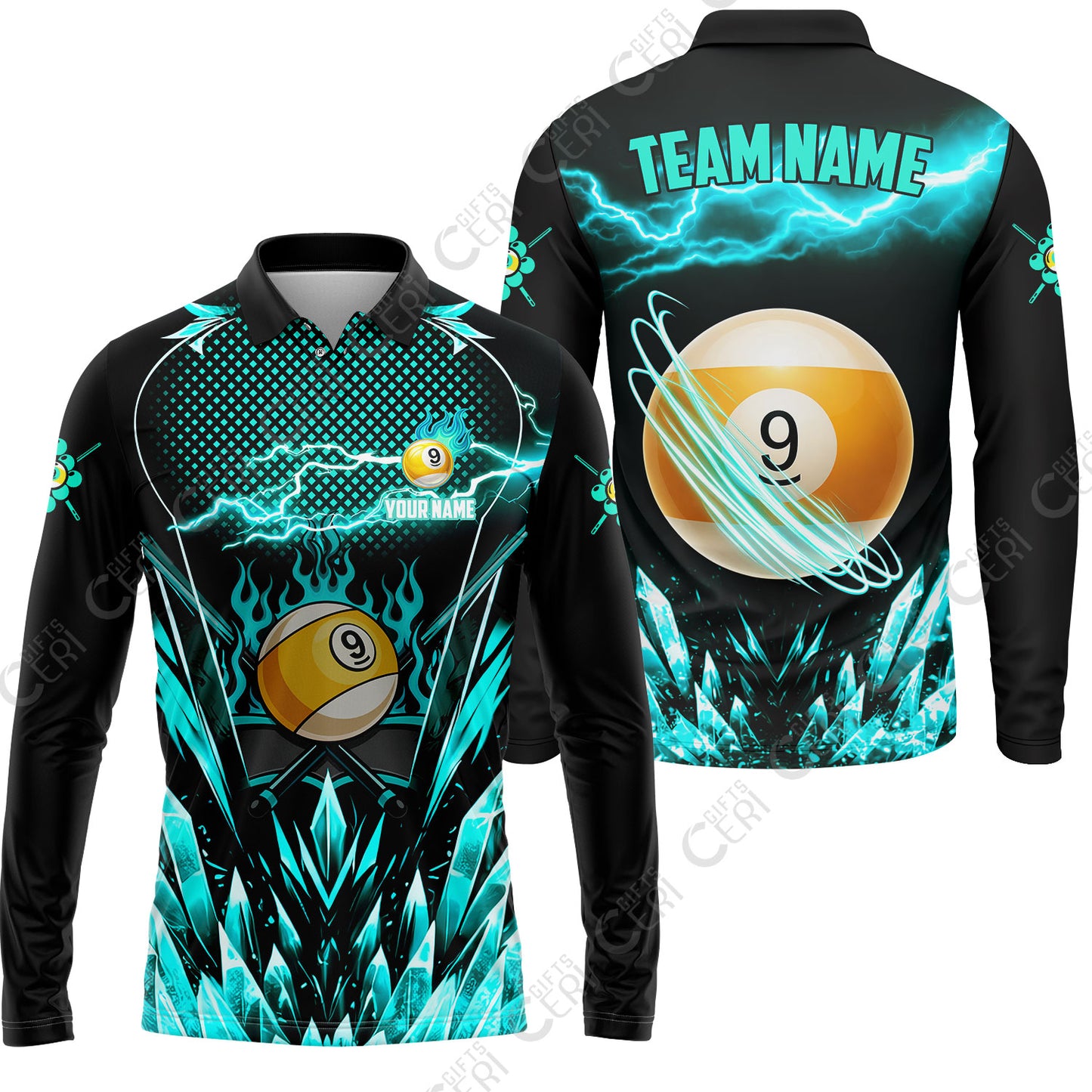 Customized 9 Ball Pool Long Sleeve Polo Shirt, Electric Lightning Crystal, Billiards Jerseys