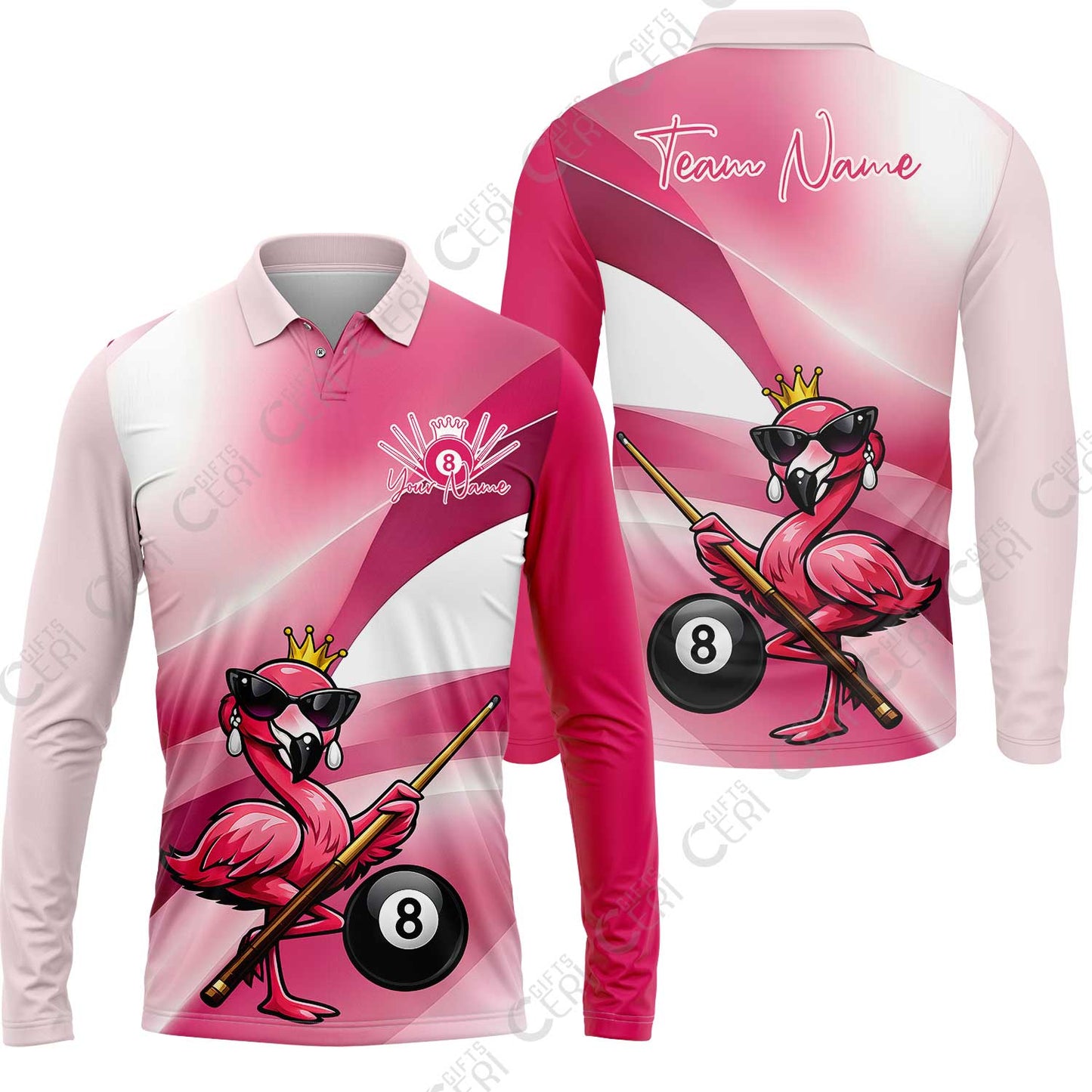 Customized 8 Ball Pool Long Sleeve Polo Shirt, Pink Flamingo Billiards 8-Ball, Personalized Billiards Jersey