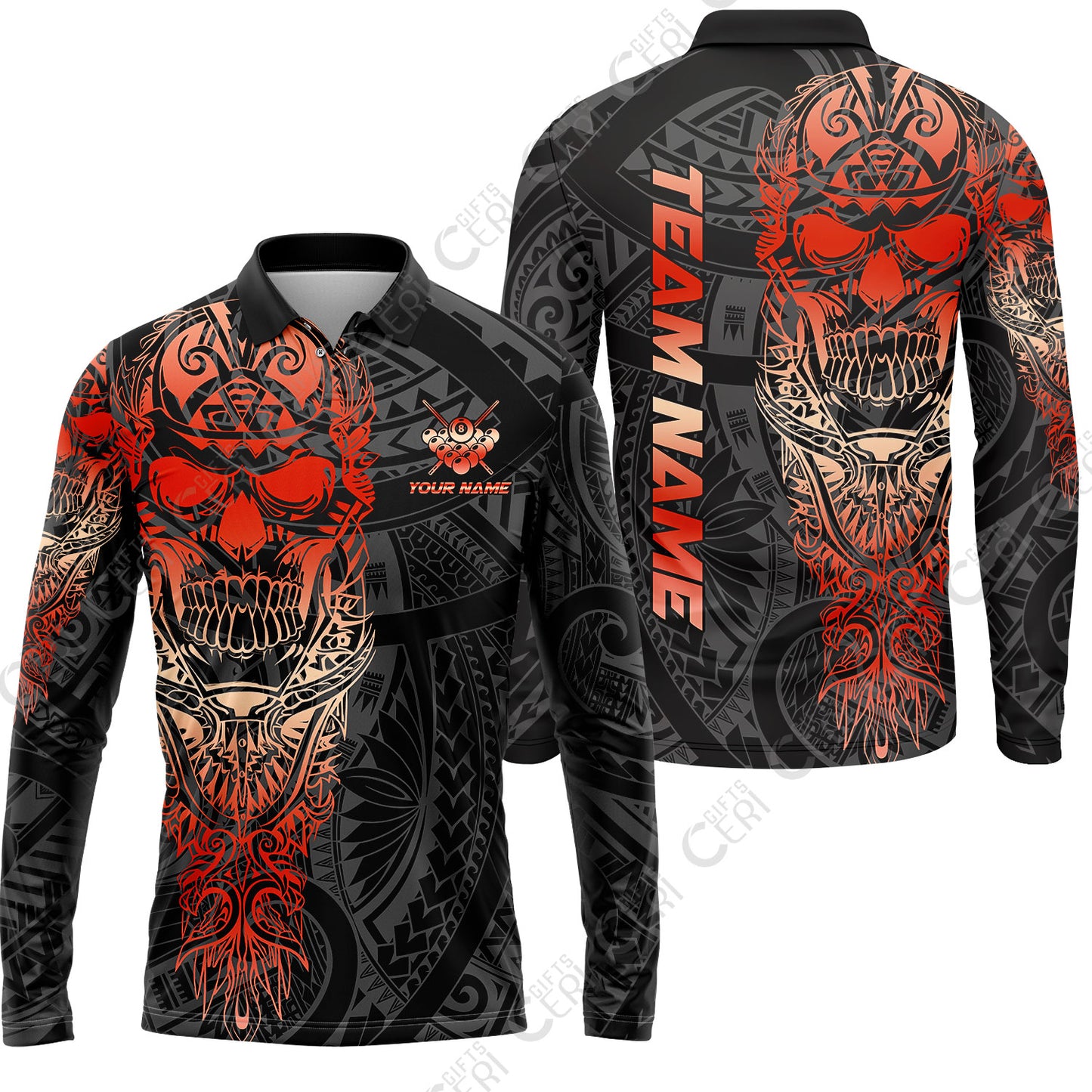 Customized 8 Ball Pool Long Sleeve Polo Shirt, 8-Ball Billiard Ethnic Tribal Style Pattern, Billiards Jerseys