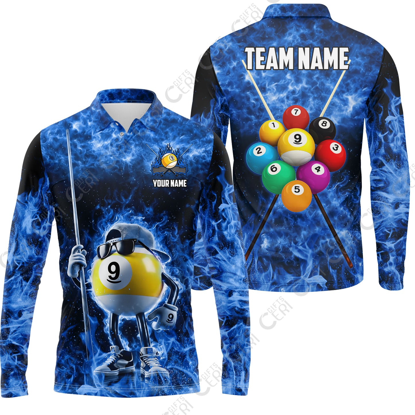 Customized 9 Ball Pool Long Sleeve Polo Shirt, 9-Ball Wearing Cap And Sunglasses Flaming Burn, Billiard Jerseys