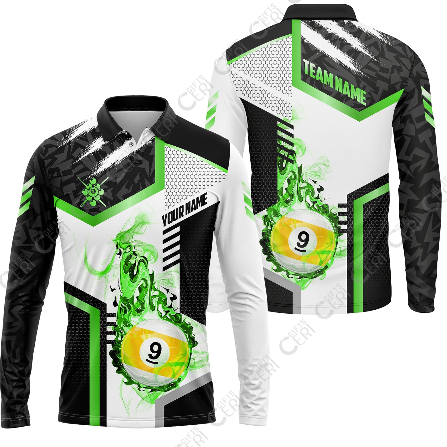 Customized 9 Ball Pool Long Sleeve Polo Shirt, Flaming 9-Ball Graphic, Billiards Jersey