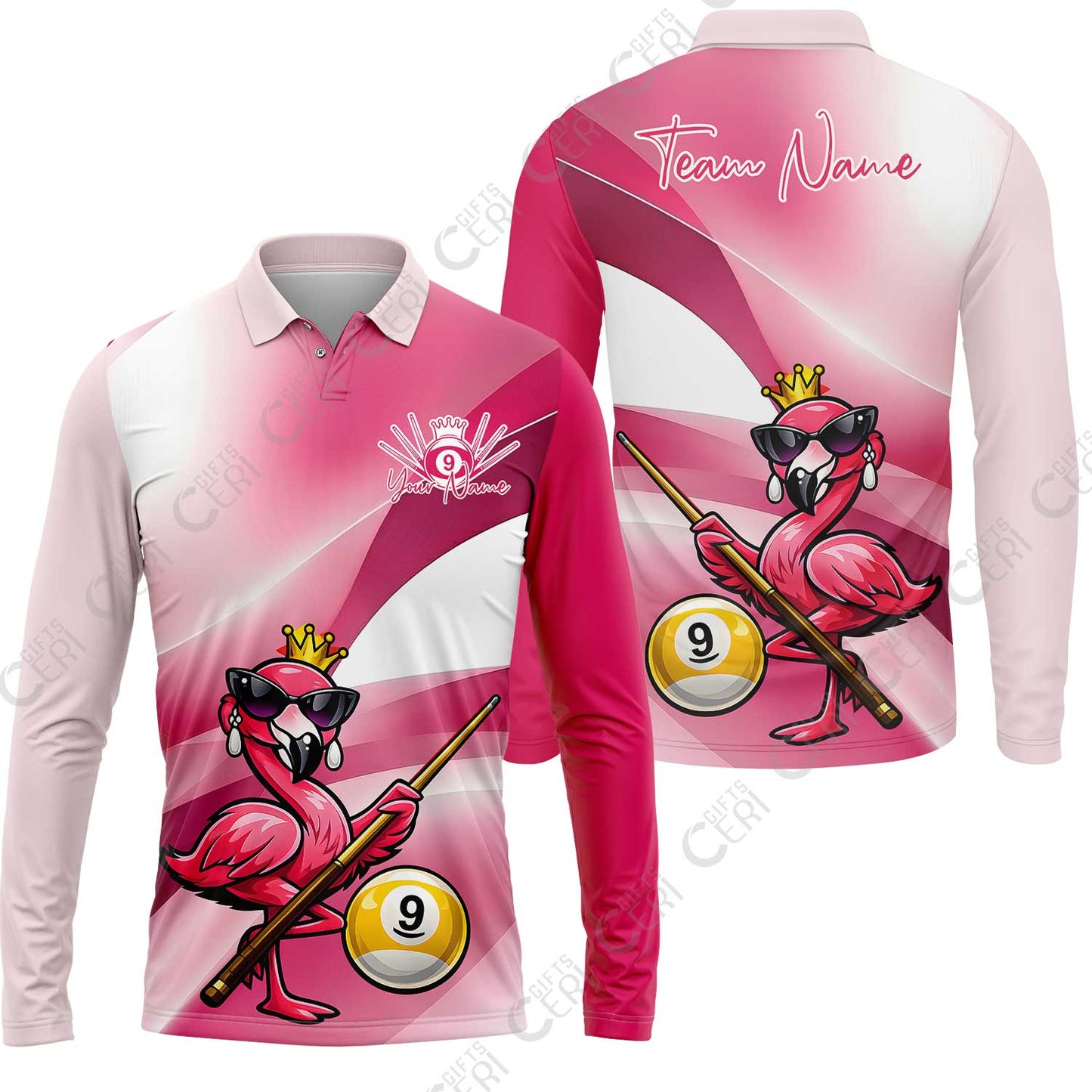 Customized 9 Ball Pool Long Sleeve Polo Shirt, Pink Flamingo Billiards 9-Ball, Personalized Billiards Jersey