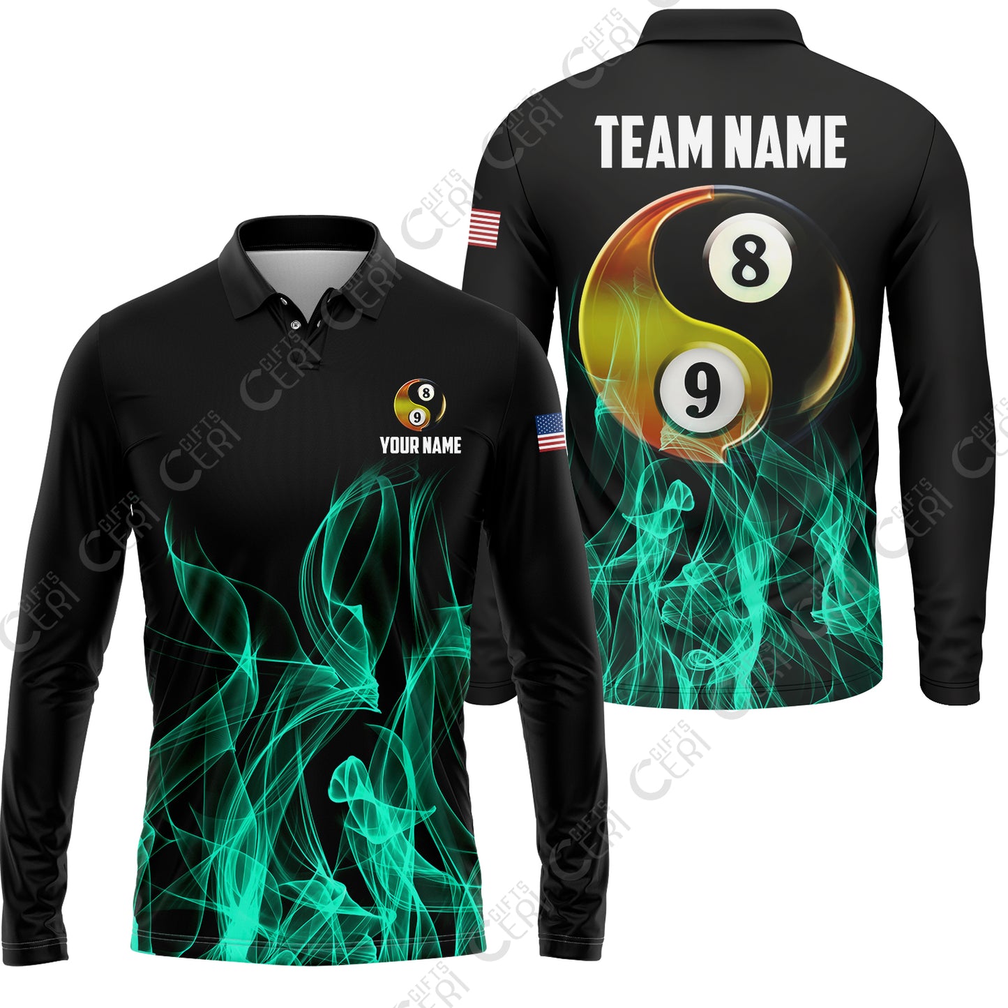 Customized Billiard Long Sleeve Polo Shirt, Billiard 8-Ball And 9-Ball Yin-Yang Flame, Billiard Jerseys