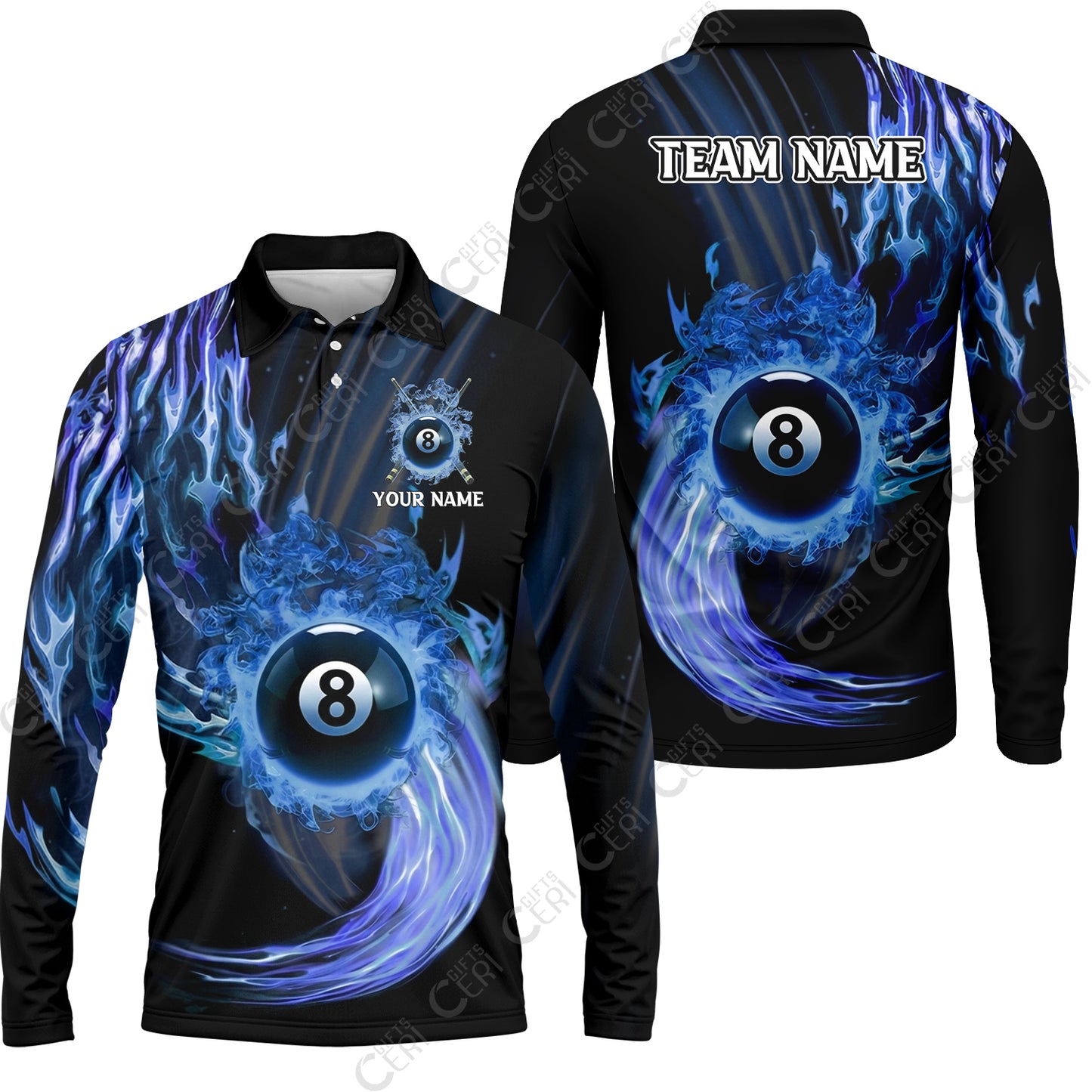 Customized 8 Ball Pool Long Sleeve Polo Shirt, 8-Ball Swirling Fire And Glowing Smoke, Billiards Jerseys