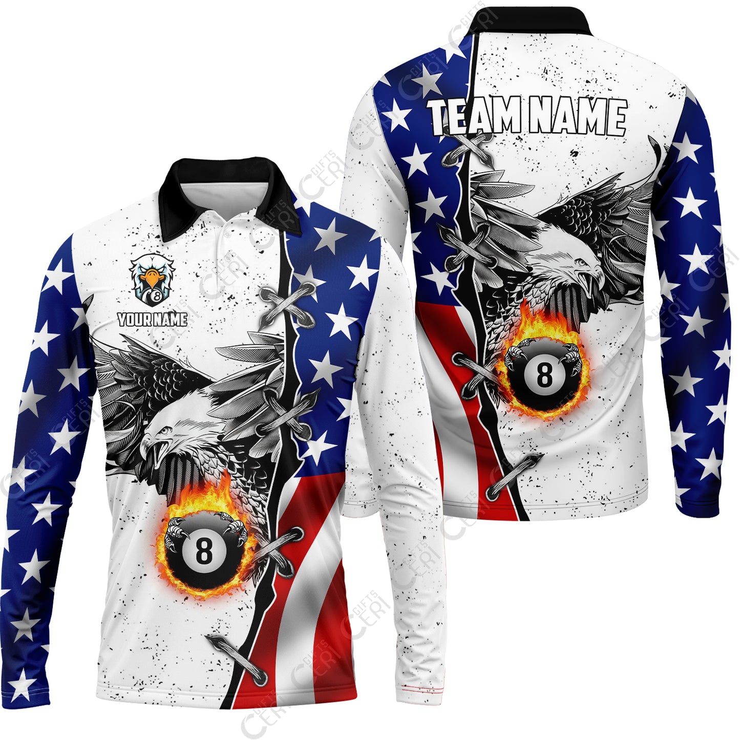 Customized Billiards Long Sleeve Polo Shirt, US Flag White Eagle Flame Pin Dust Pattern Personalized Billiard 8 Ball Jersey