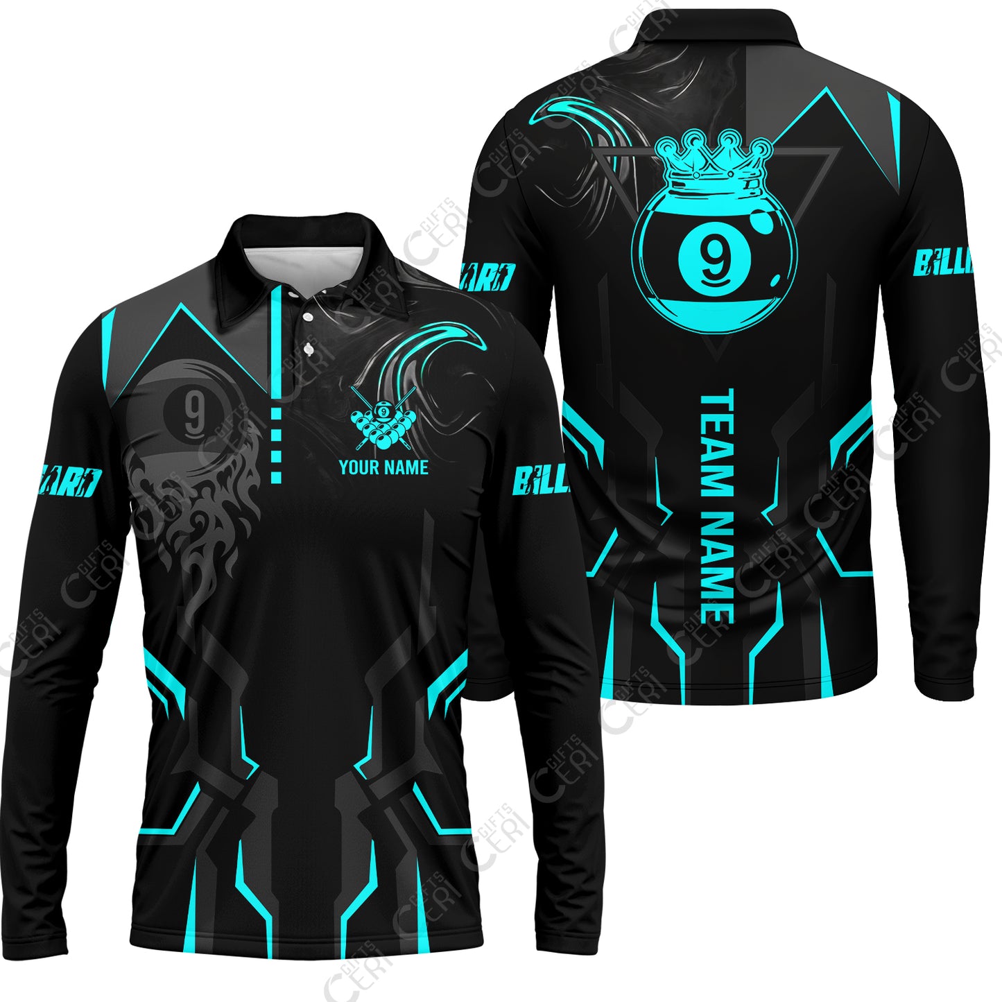 Customized 9 Ball Pool Long Sleeve Polo Shirt, 9-Ball Liquid Effect Smoke, Billiard Jerseys