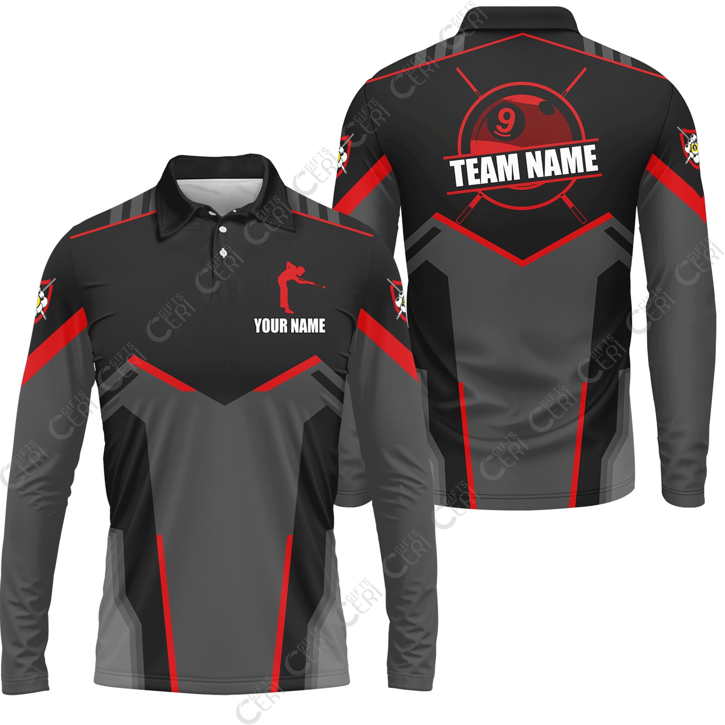 Customized 9 Ball Pool Long Sleeve Polo Shirt, Billiards Man Vector 9-Ball, Billiards Jerseys